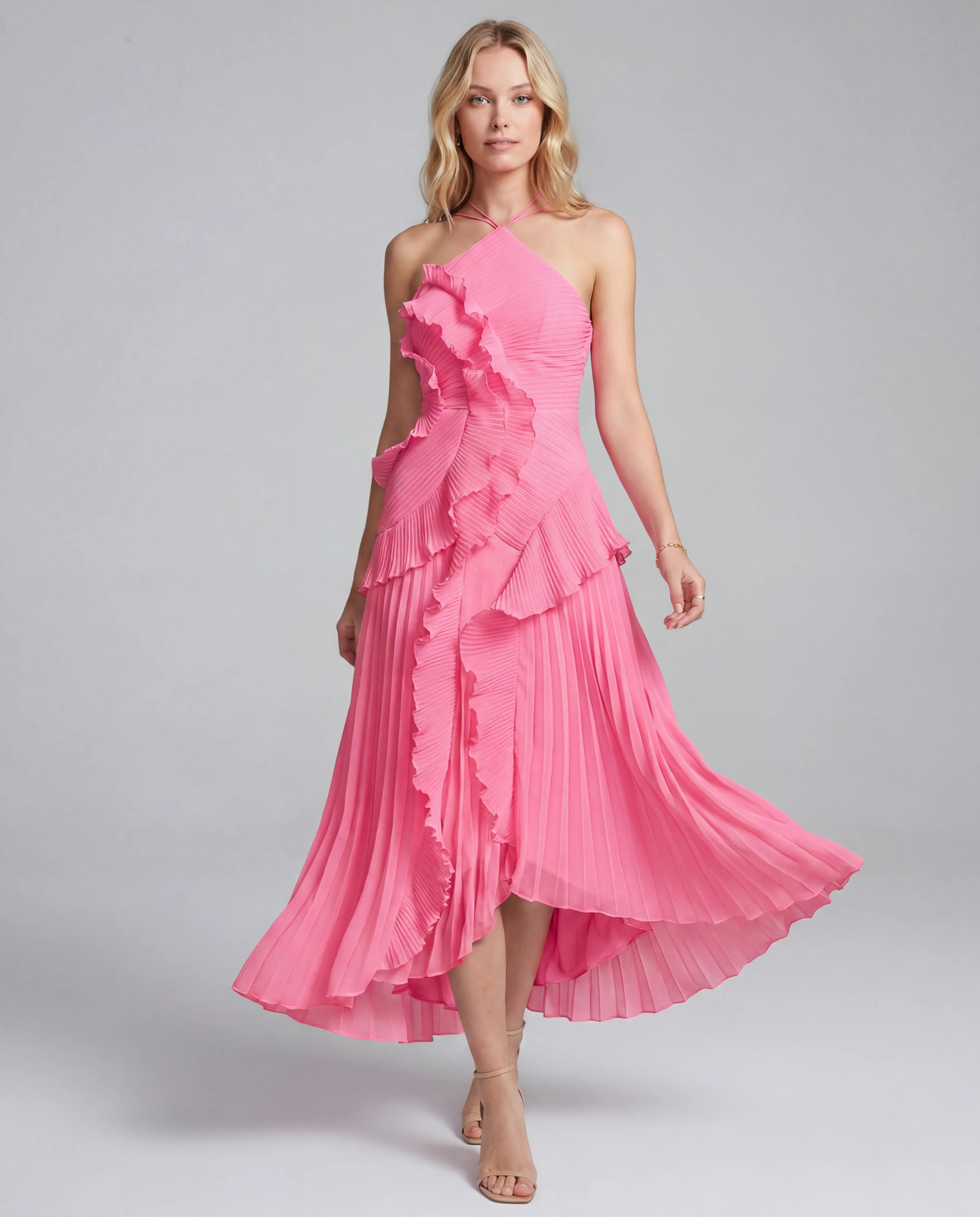 Halter Neck Pleated Ruffle Layered  Maxi Dress