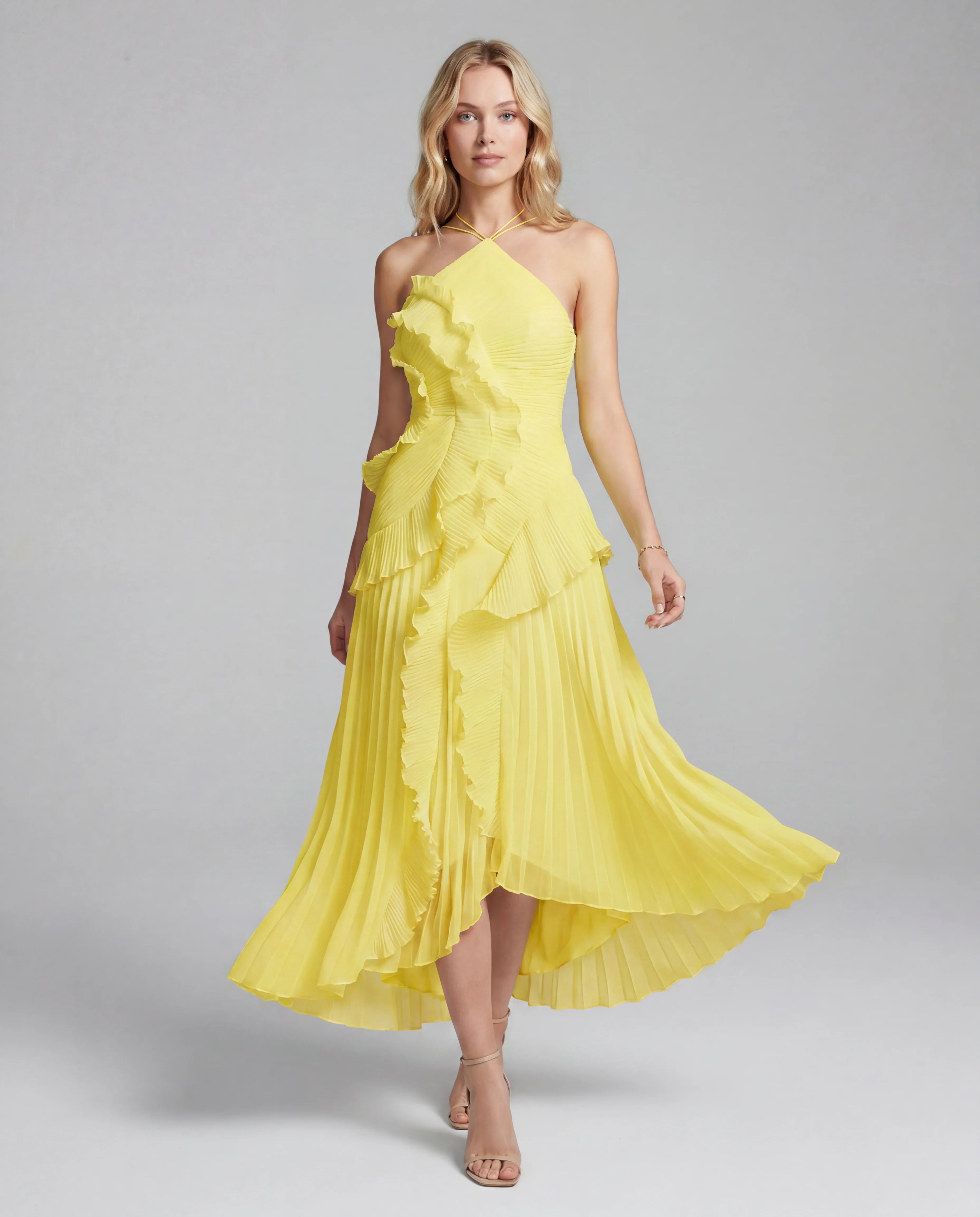 Halter Neck Pleated Ruffle Layered  Maxi Dress