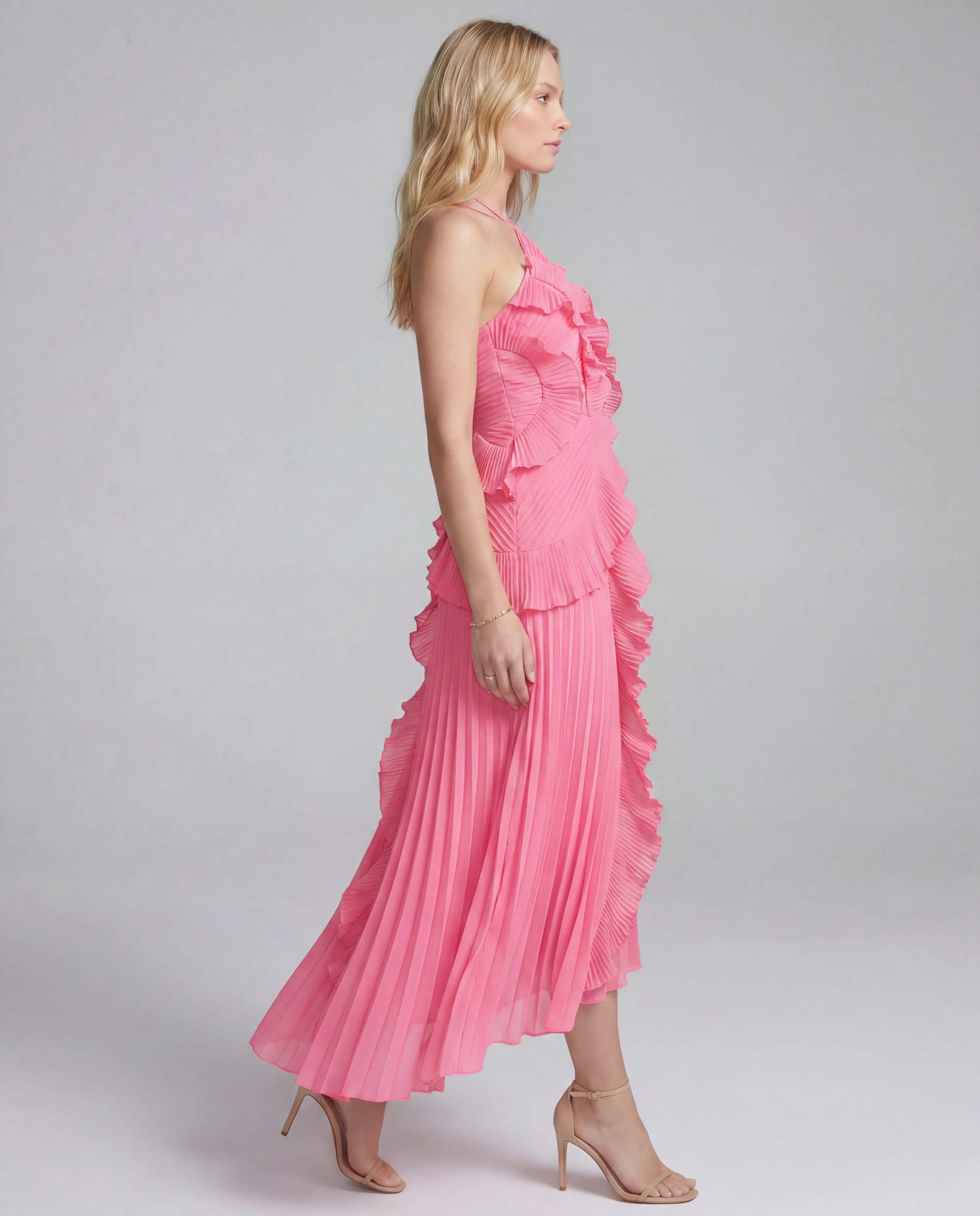 Halter Neck Pleated Ruffle Layered  Maxi Dress