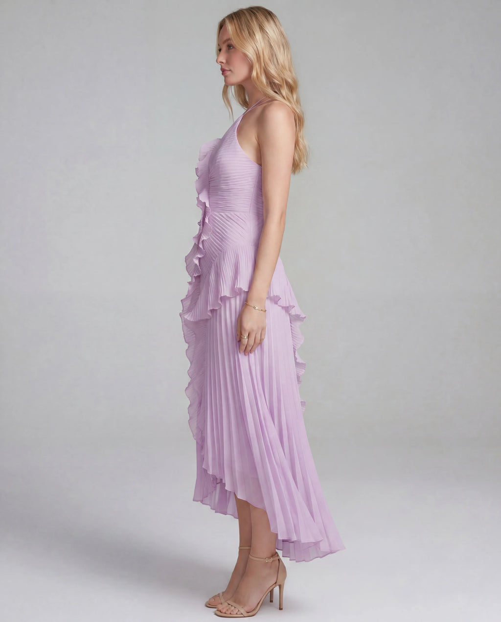 Halter Neck Pleated Ruffle Layered  Maxi Dress