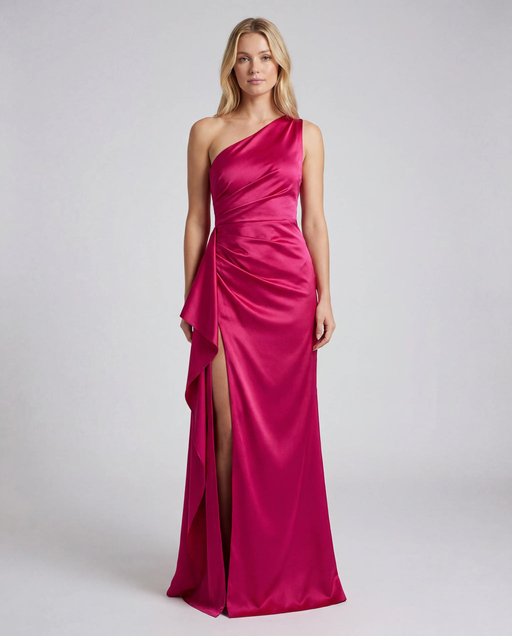 One Shoulder Draped Ruched Side Split Maxi Dress