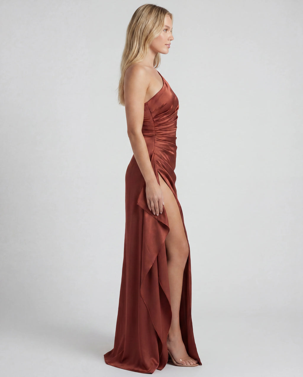 One Shoulder Draped Ruched Side Split Maxi Dress
