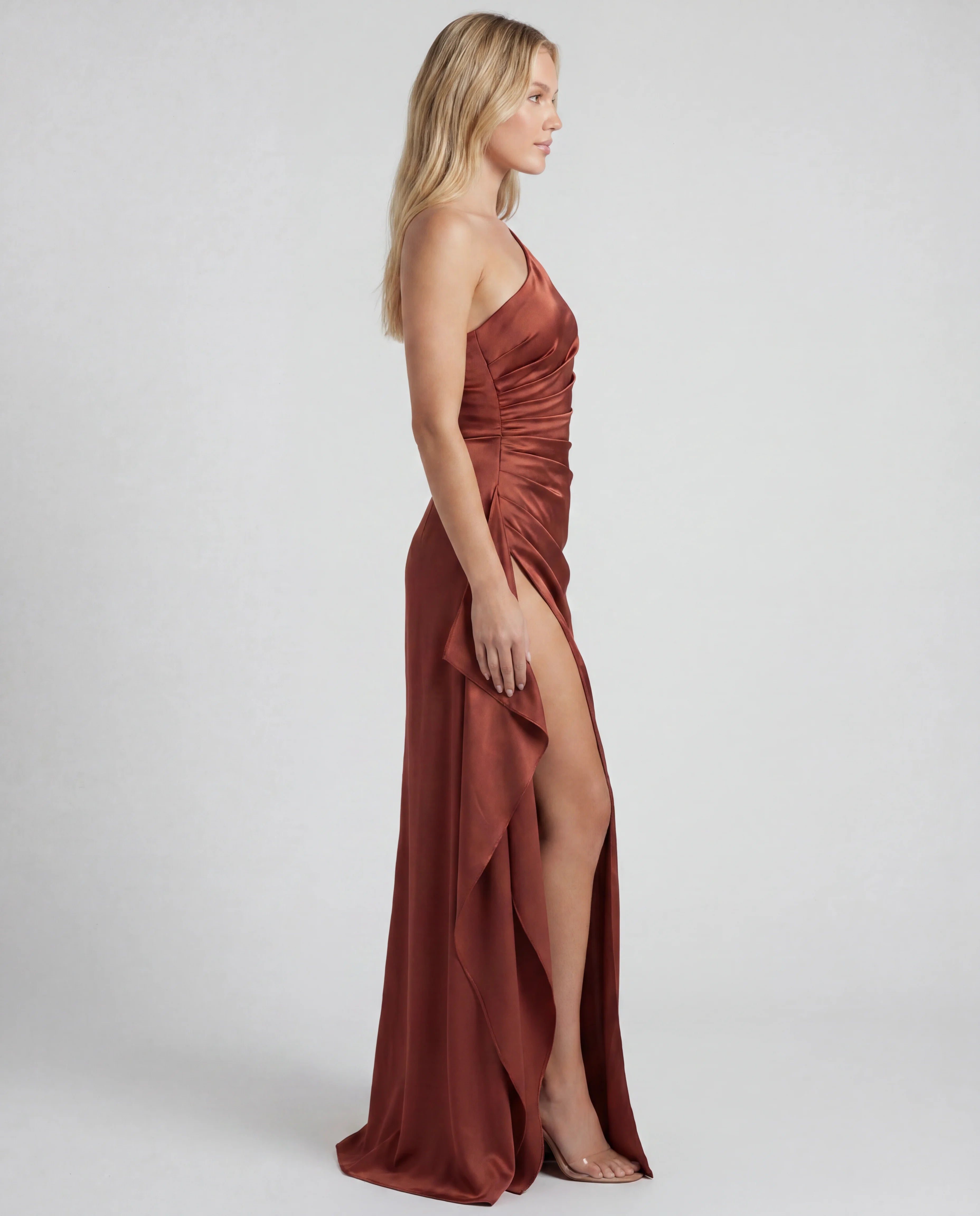 One Shoulder Draped Ruched Side Split Maxi Dress