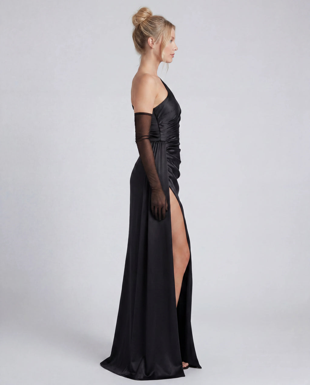 One Shoulder Draped Ruched Side Split Maxi Dress