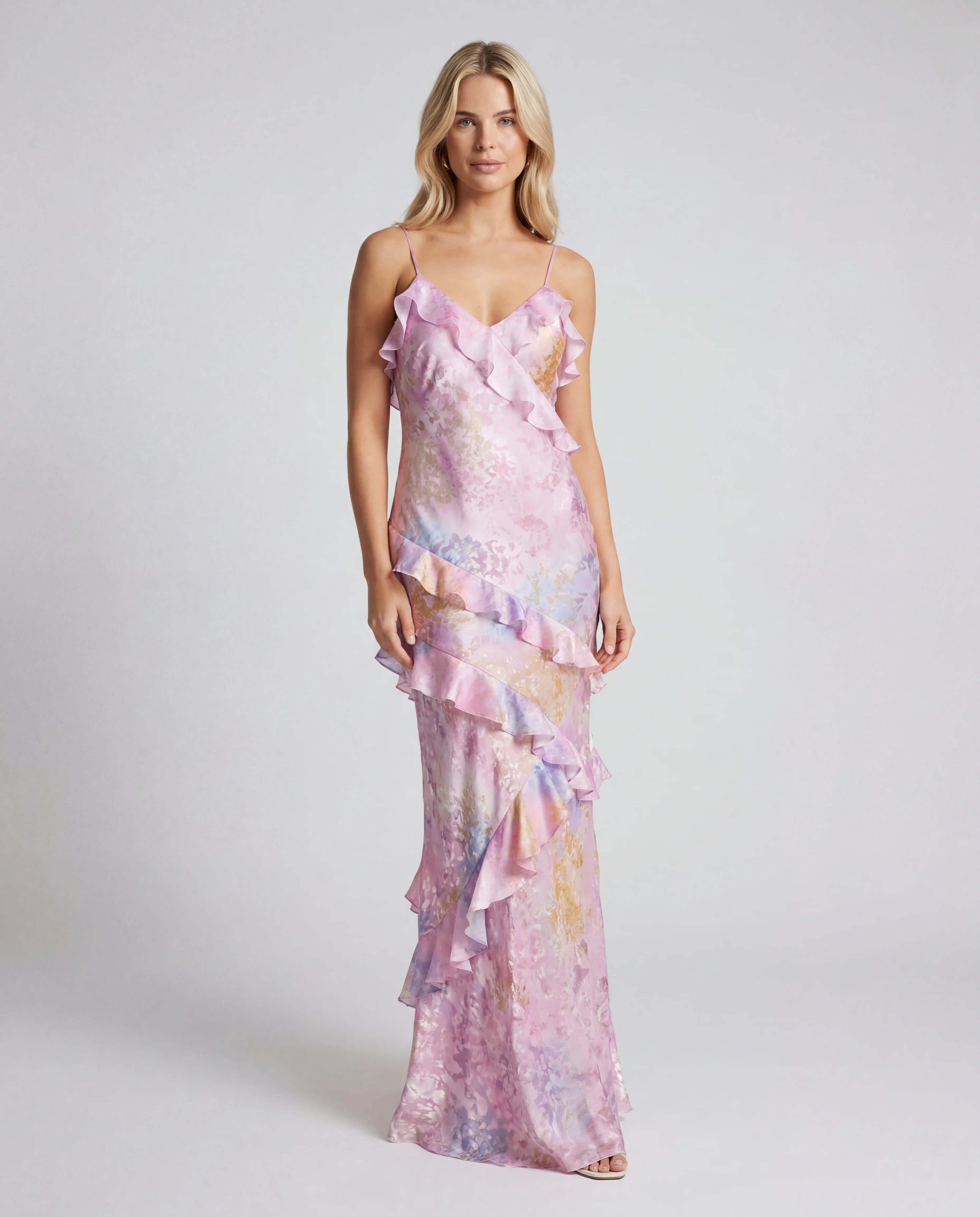 Floral chiffon tiered maxi slip dress - pink front