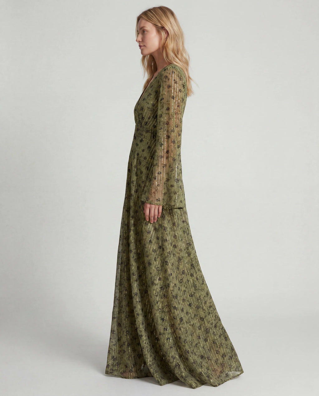 Sage green crepe long-sleeve midi dress - side