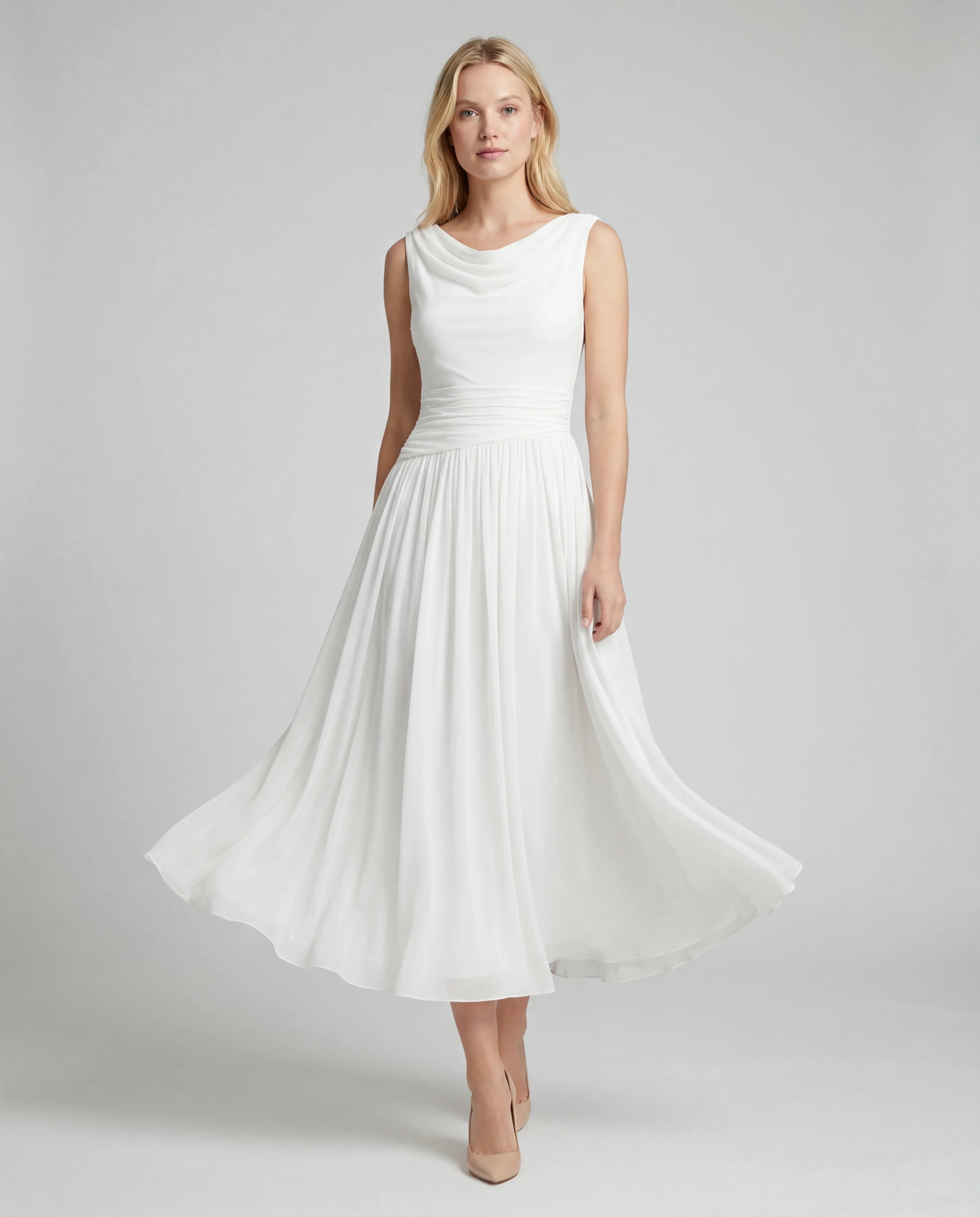 White chiffon sweetheart wedding guest maxi slip dress with high-low hem