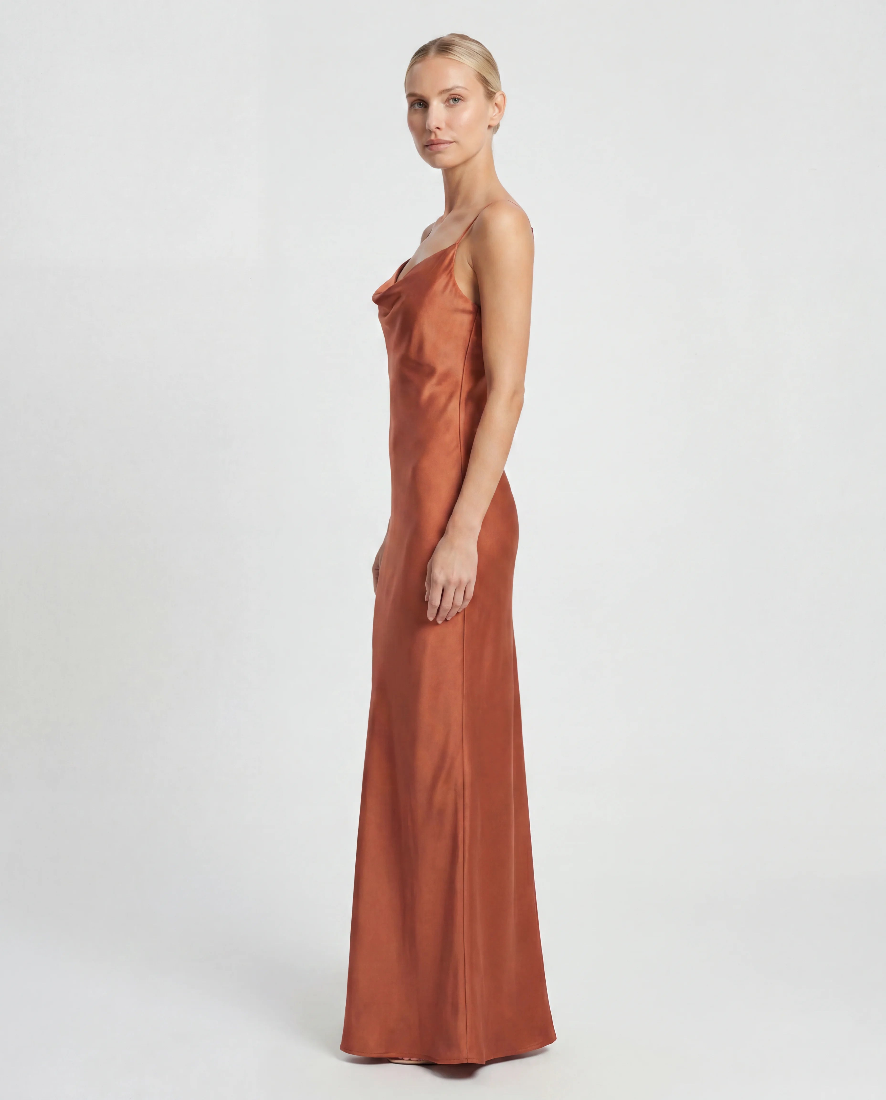 Brown satin cowl-neck maxi slip dress - side
