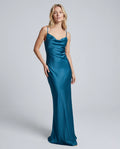 Teal satin cowl-neck wedding guest maxi slip dress