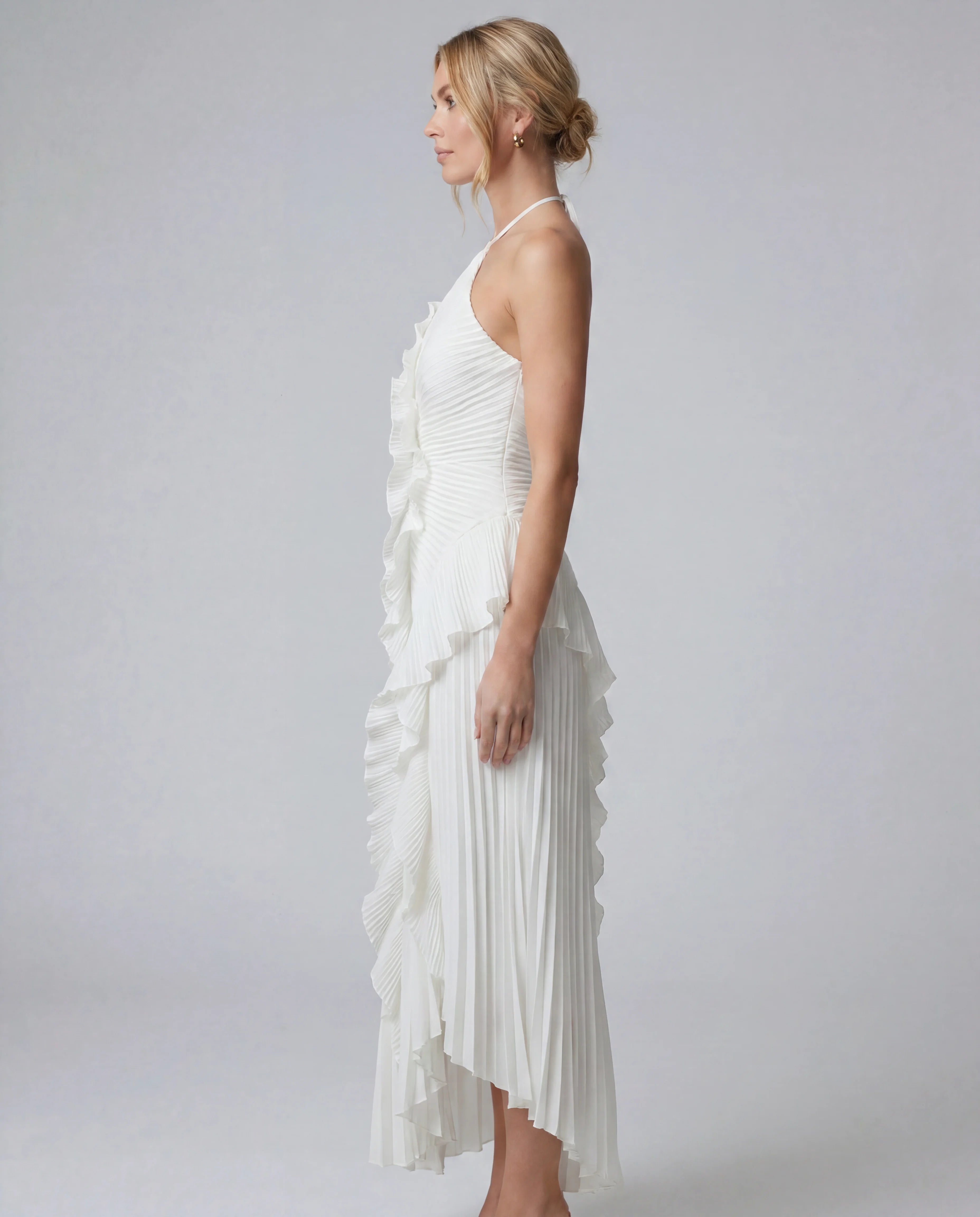 Chiffon ruffle halter midi dress - white side