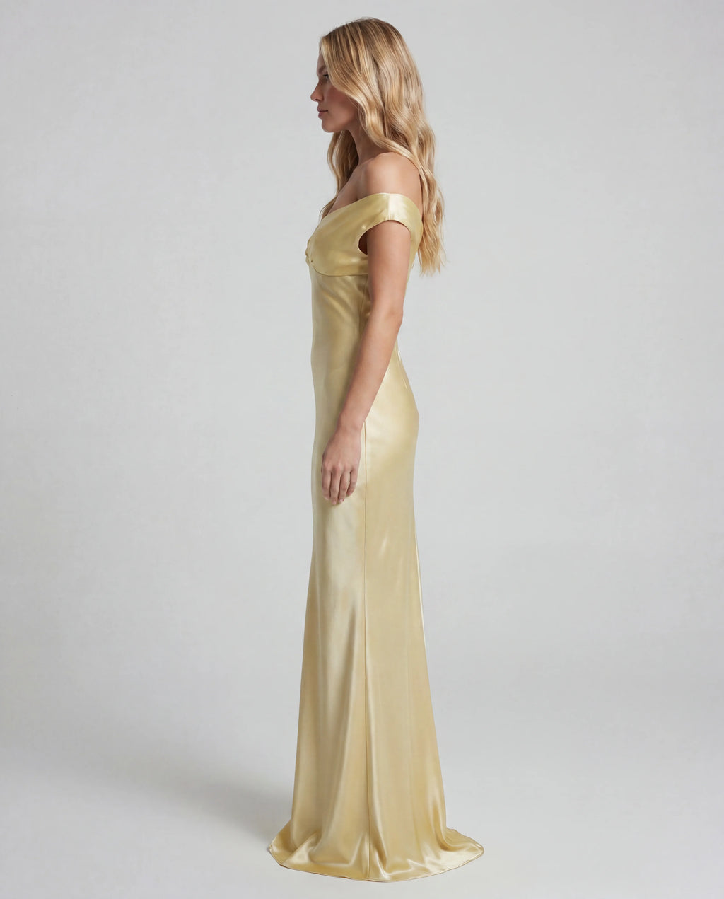 Butter yellow satin off-shoulder maxi slip dress - side view