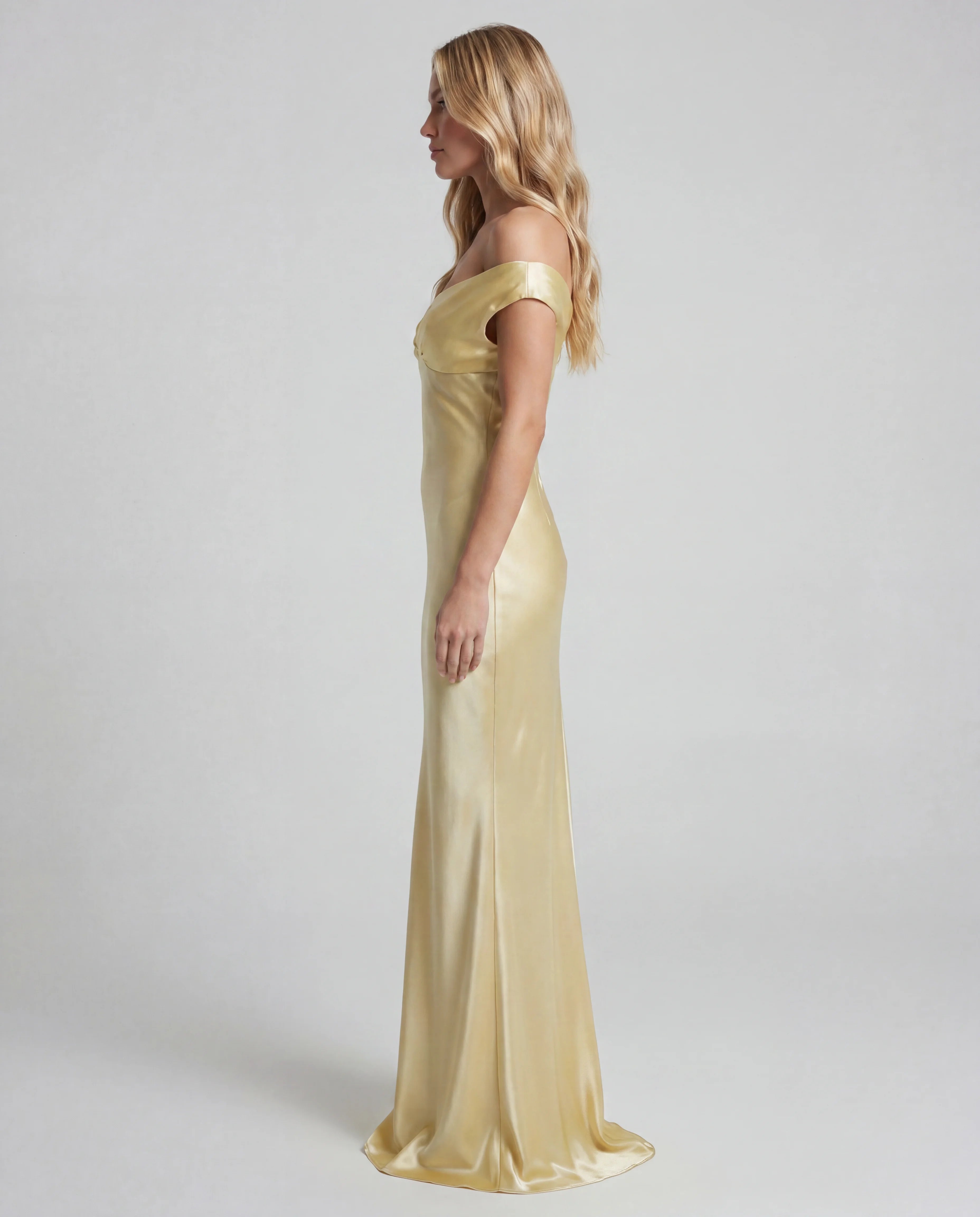 Butter yellow satin off-shoulder maxi slip dress - side view
