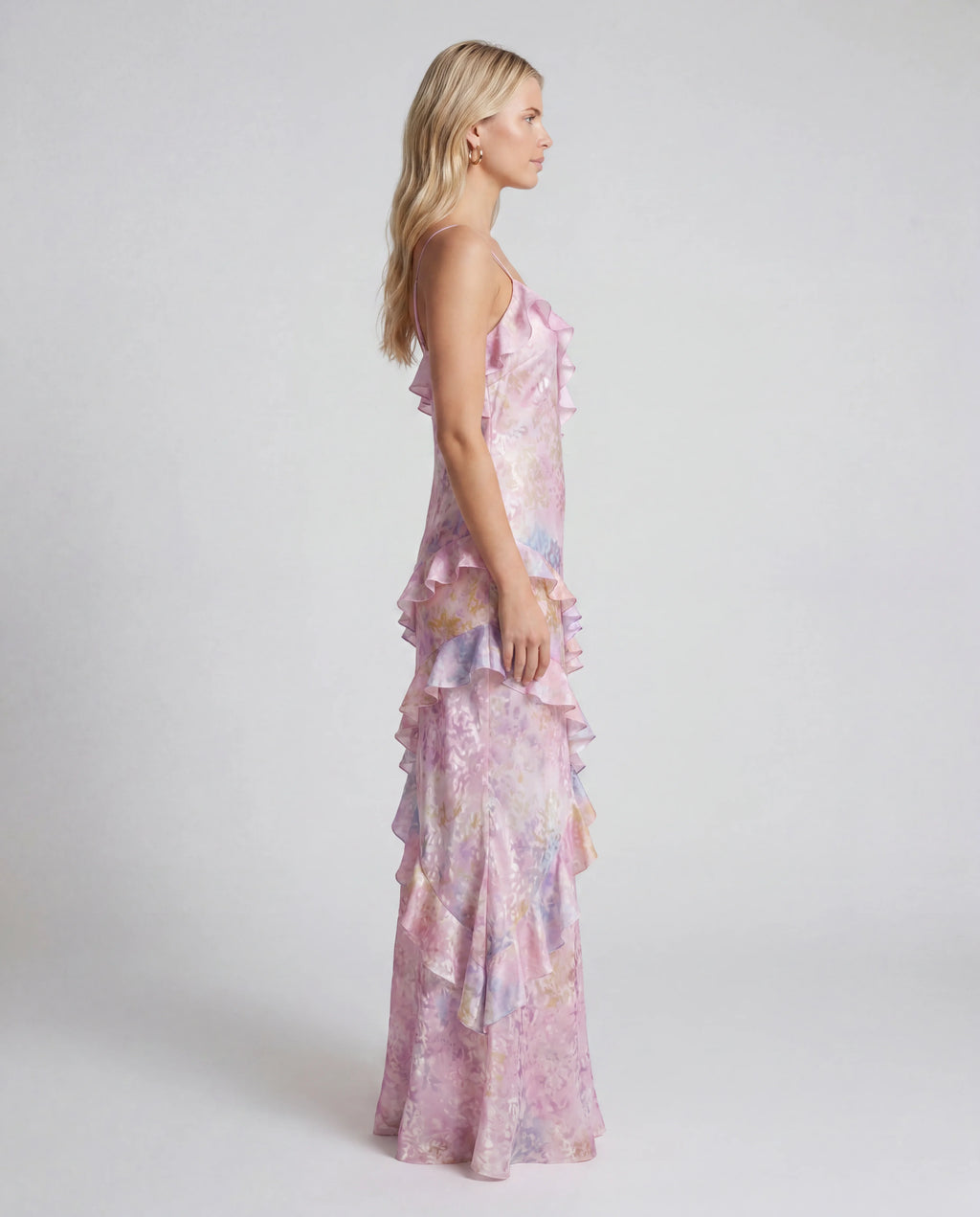 Floral chiffon tiered maxi slip dress - pink side