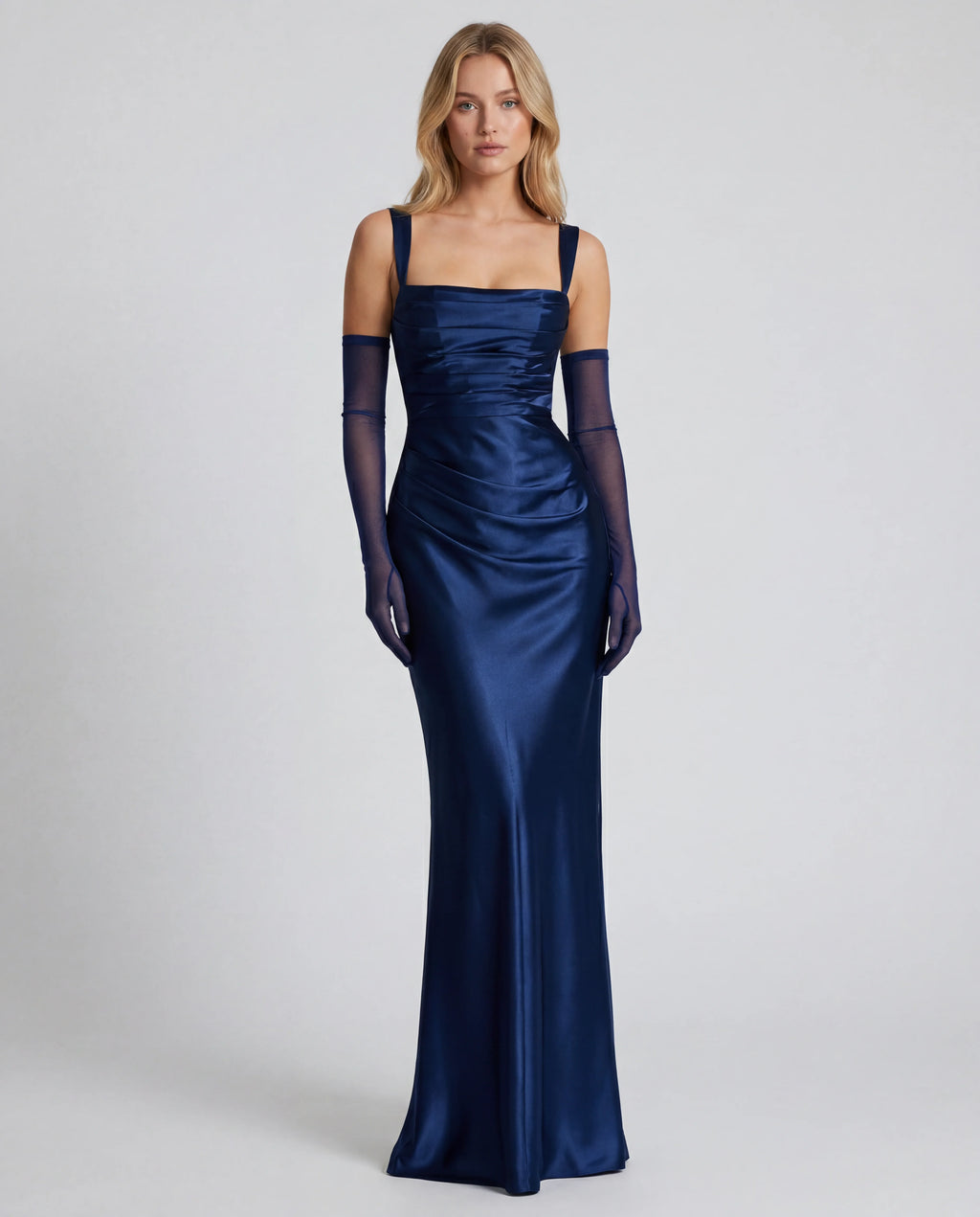 Chiffon strapless pleated ruffle maxi dress - navy blue front