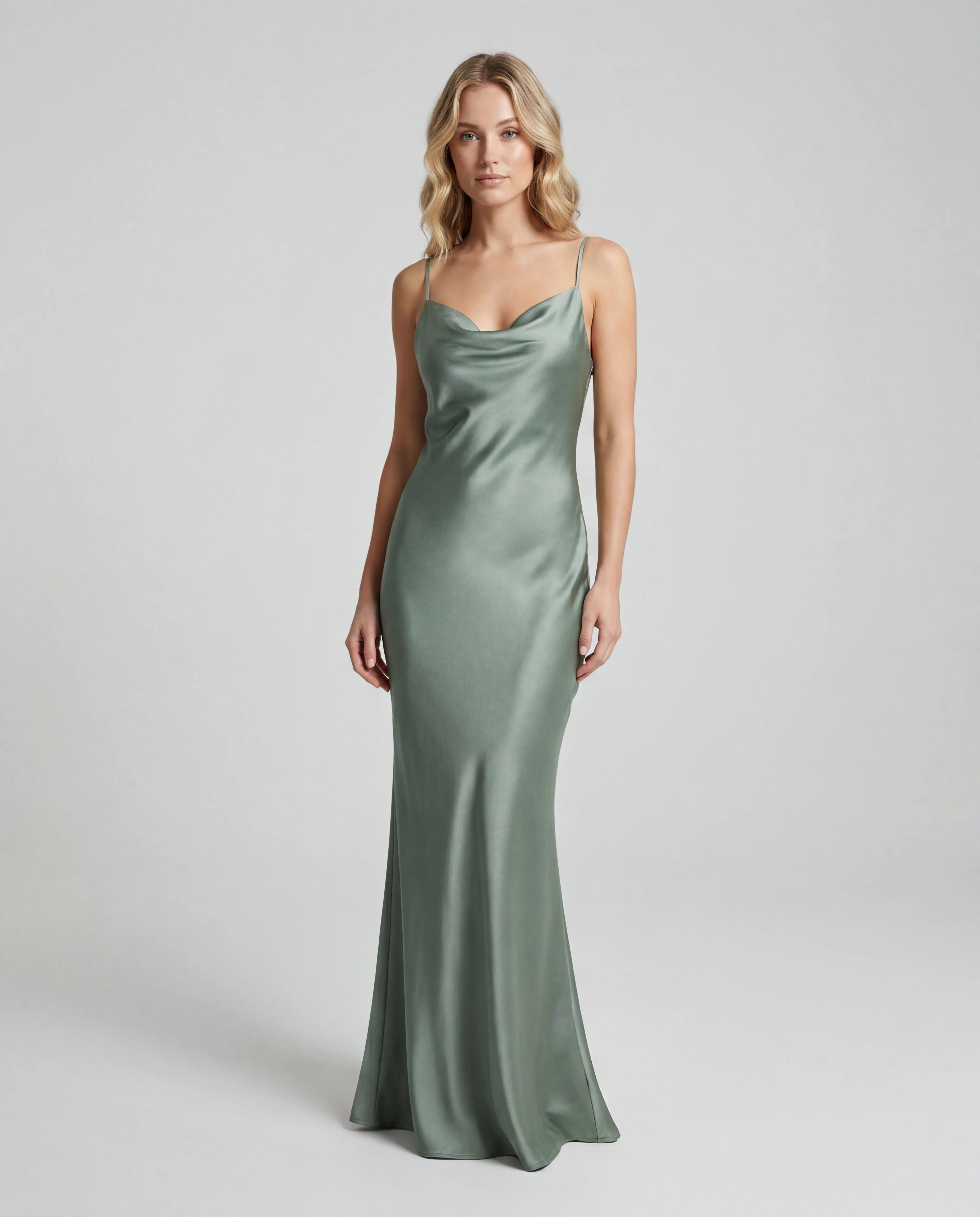 Green satin cowl-neck maxi slip dress - front