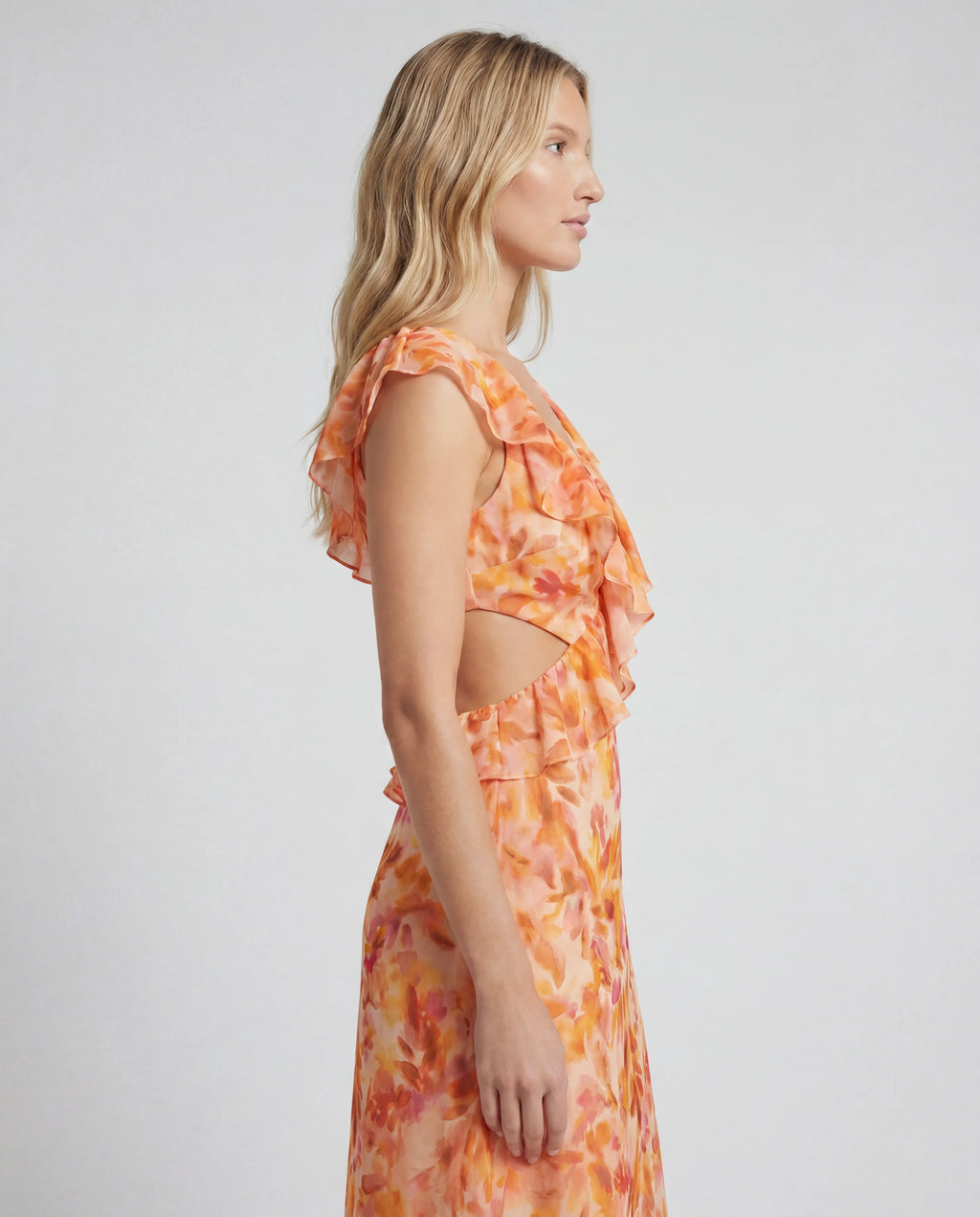 Coral chiffon v-neck ruffle-sleeve maxi dress - side