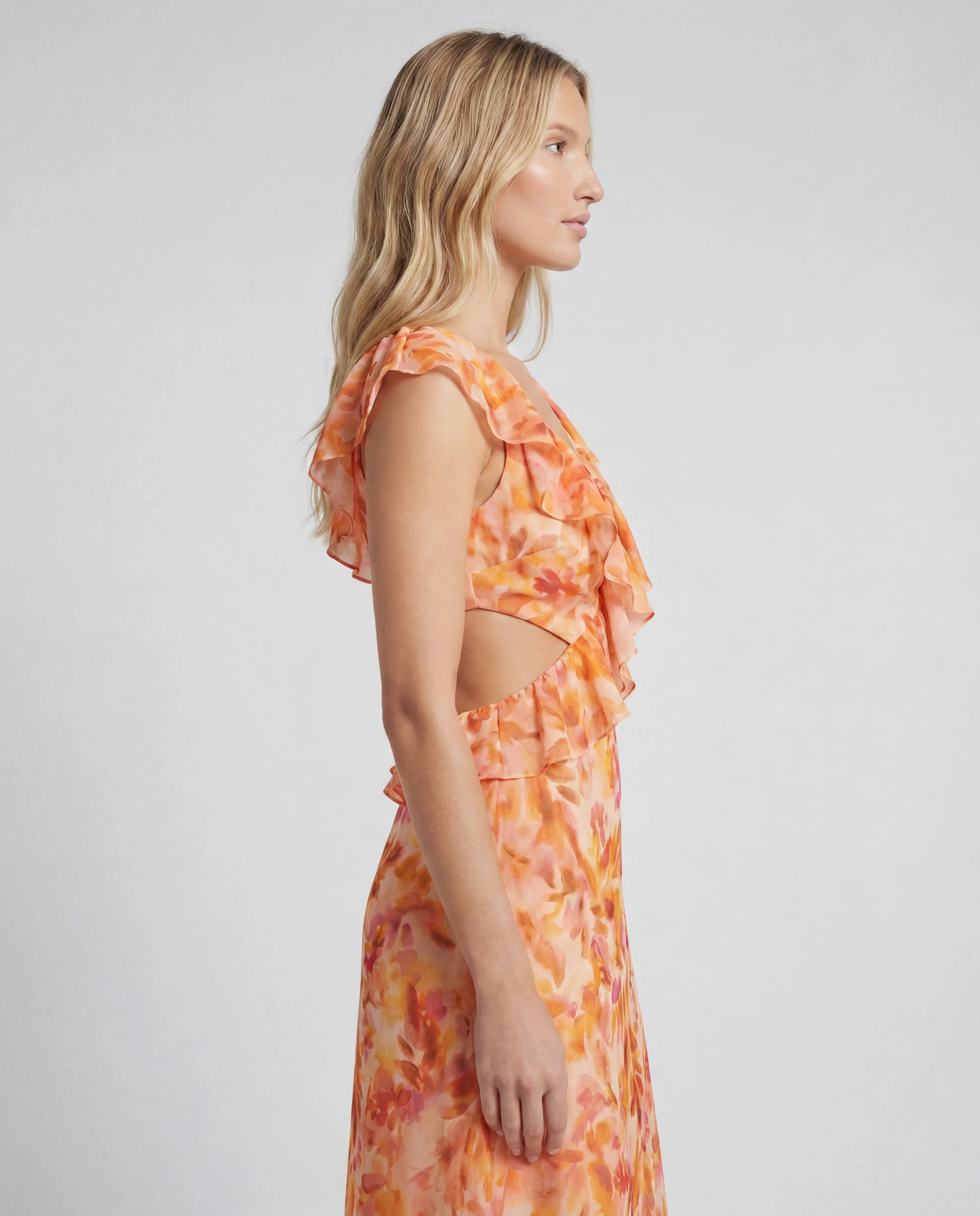 Coral chiffon v-neck ruffle-sleeve maxi dress - side