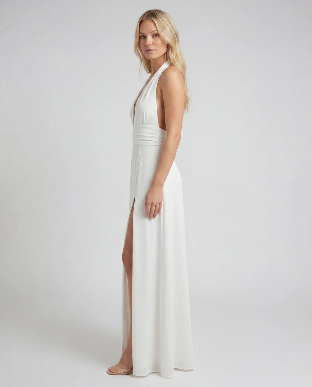 Satin v-neck maxi slip dress - white side