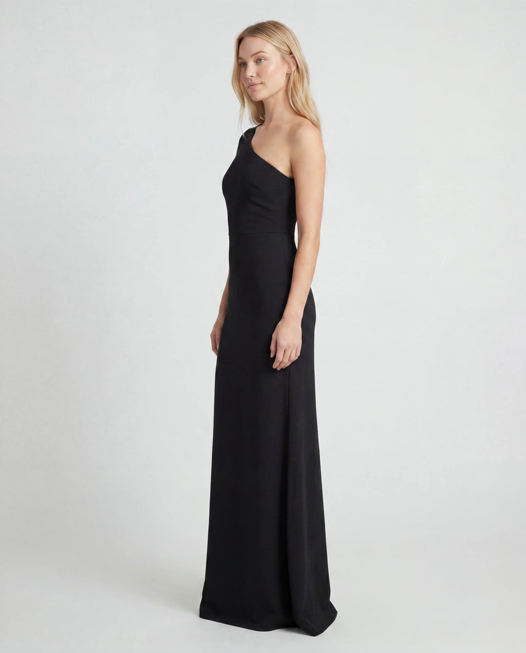 Black one-shoulder ruched maxi dress - side view
