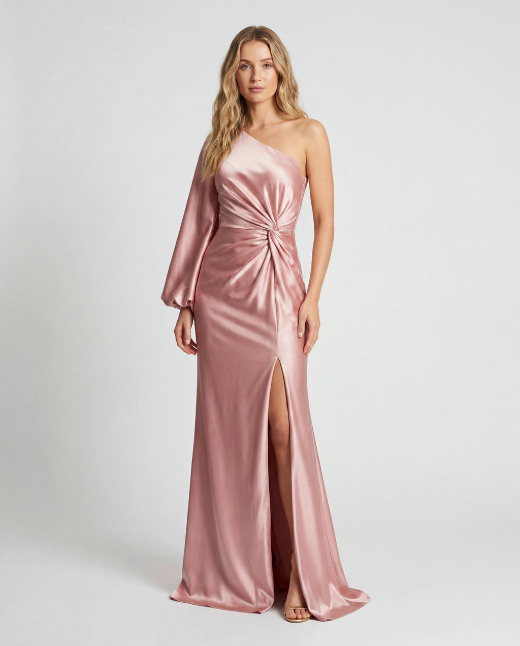 Blush pink square-neck ruched bodycon evening maxi dress