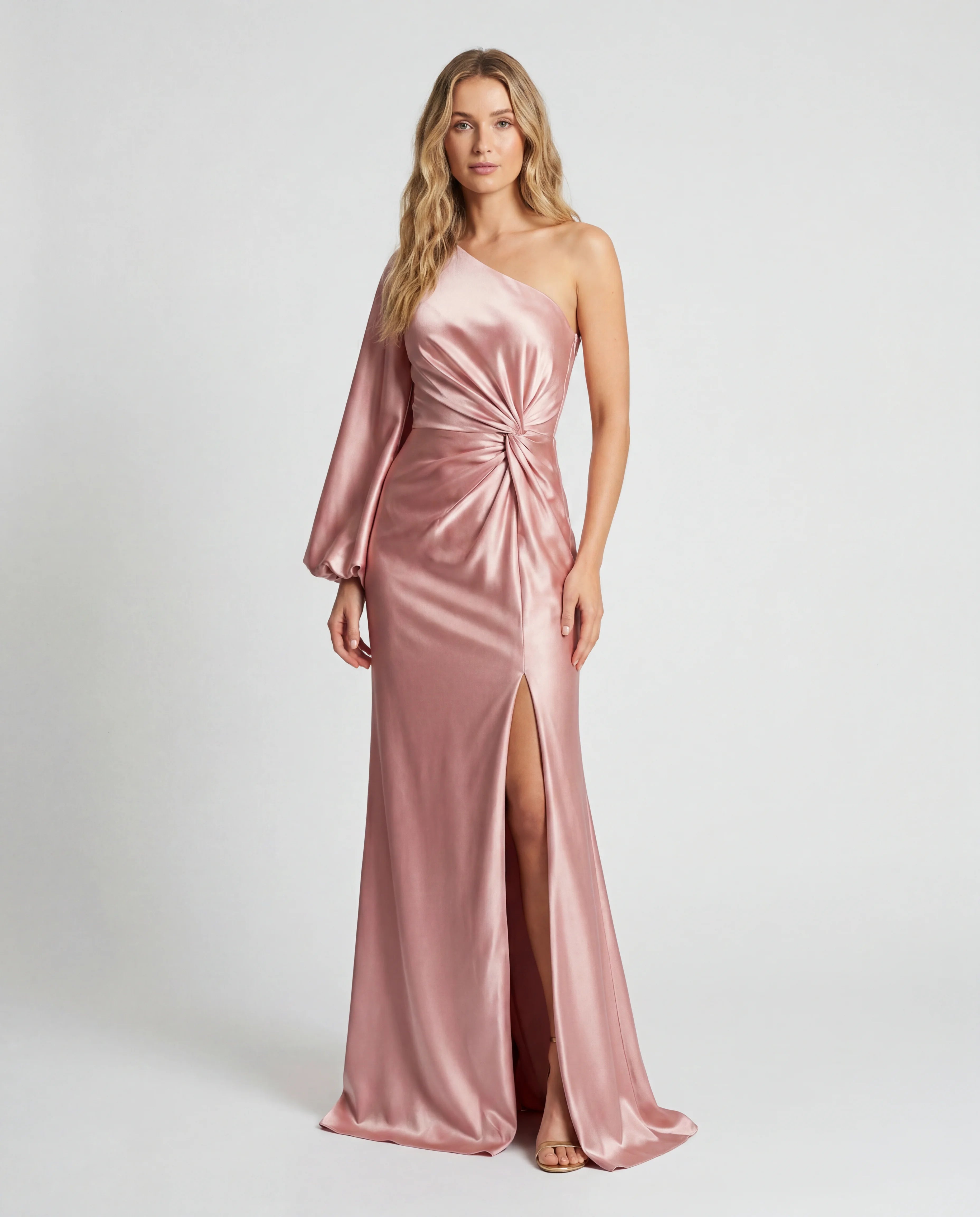 Blush pink square-neck ruched bodycon evening maxi dress