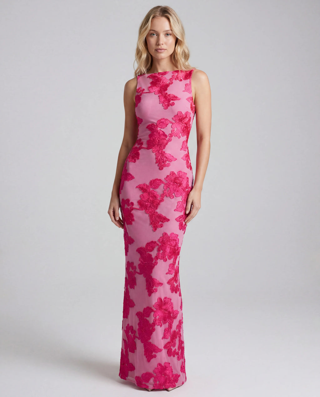 Magenta floral print square-neck bodycon evening maxi dress