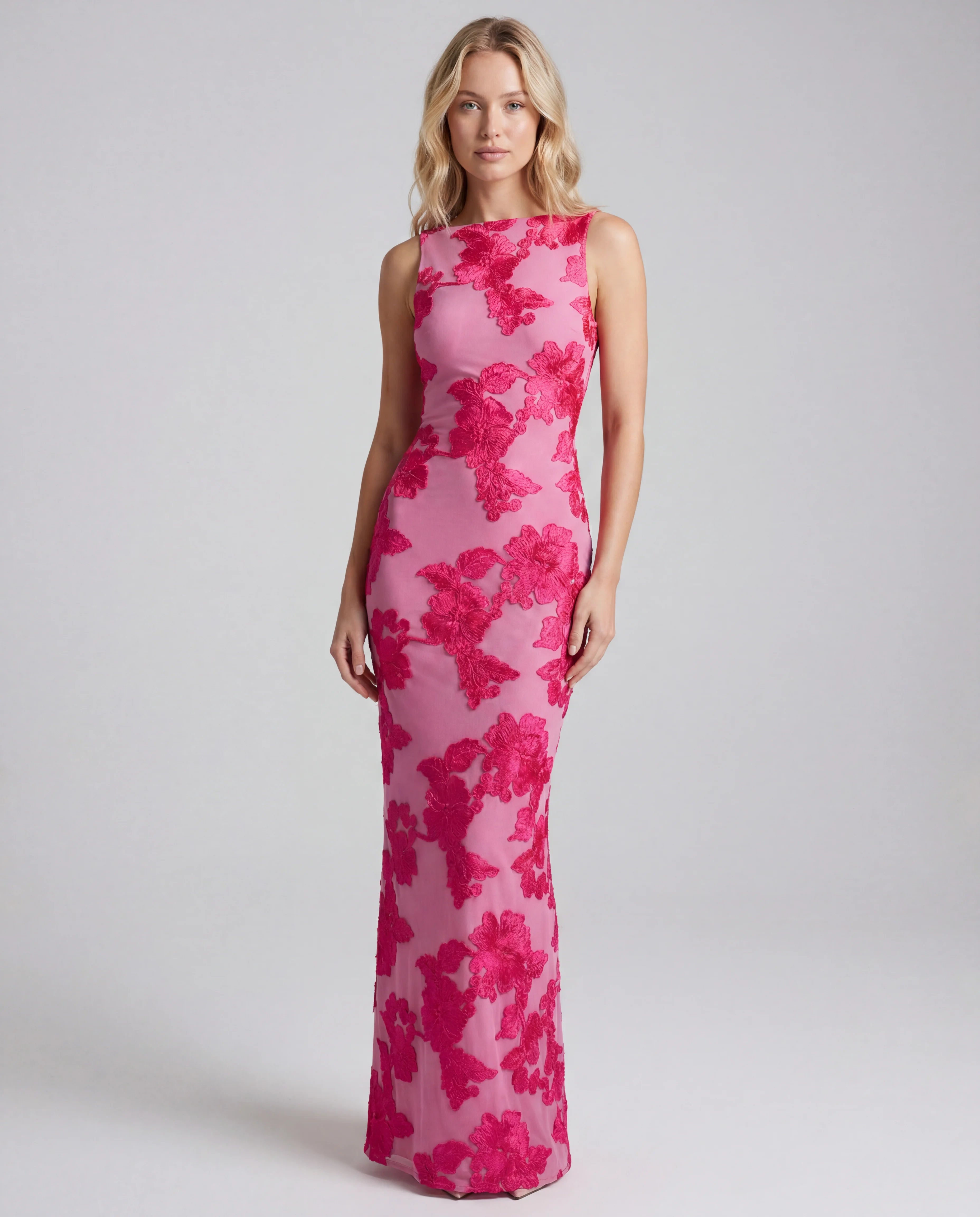 Magenta floral print square-neck bodycon evening maxi dress