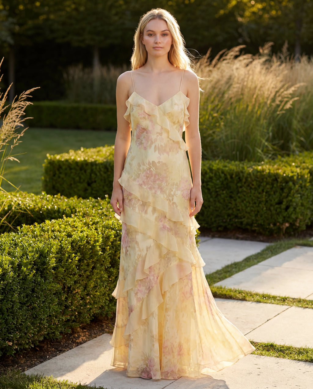 Floral chiffon tiered maxi slip dress - yellow lifestyle