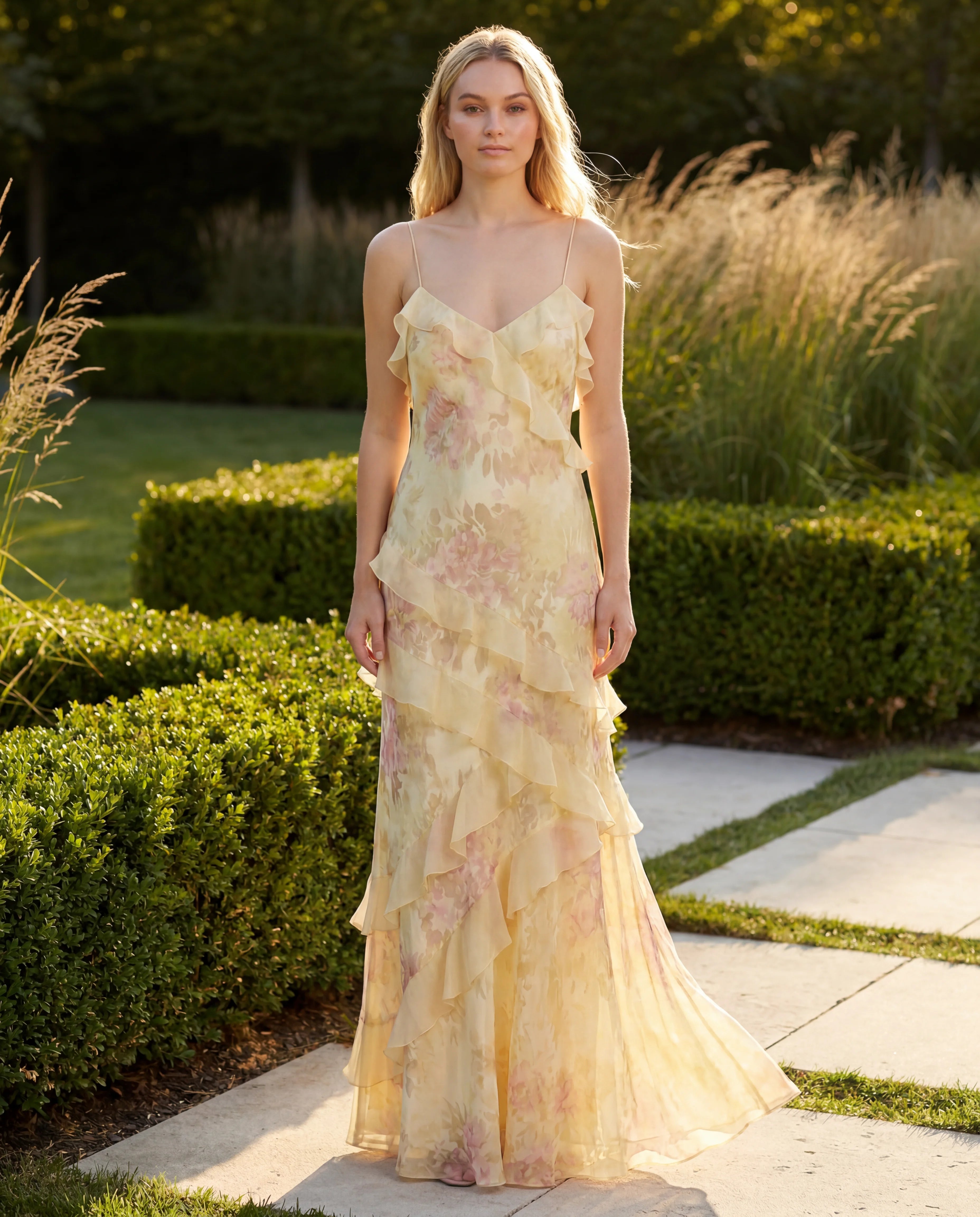 Floral chiffon tiered maxi slip dress - yellow lifestyle