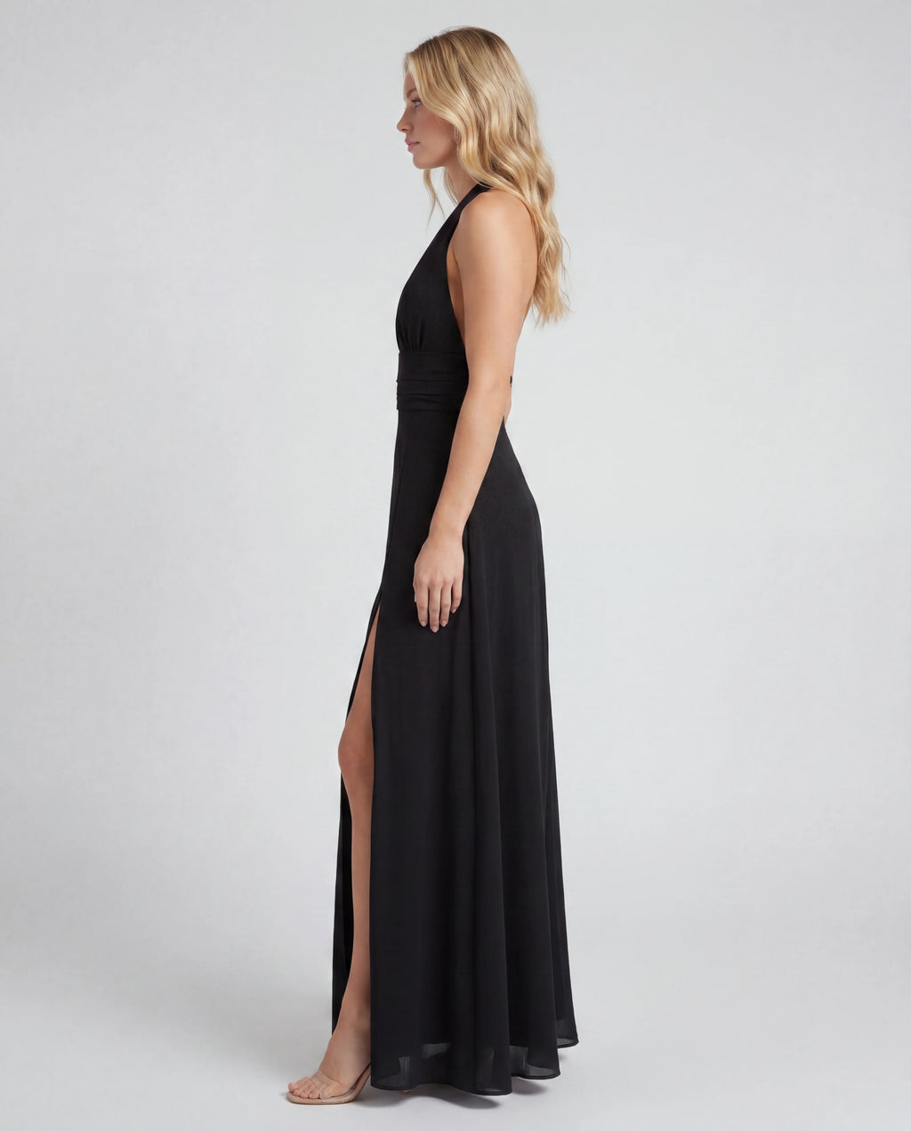Satin v-neck maxi slip dress - black side