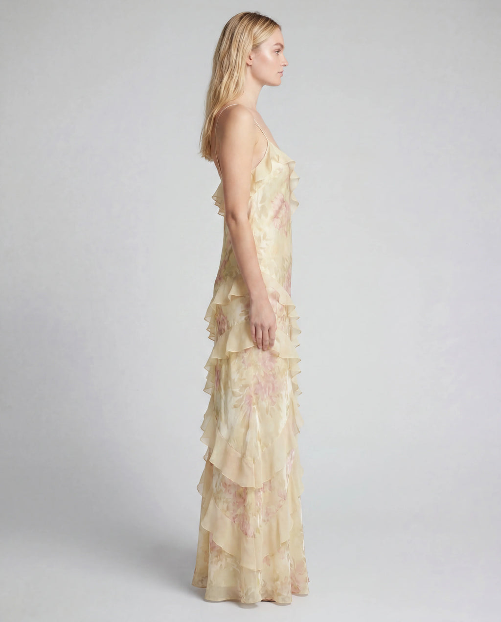 Floral chiffon tiered maxi slip dress - yellow side