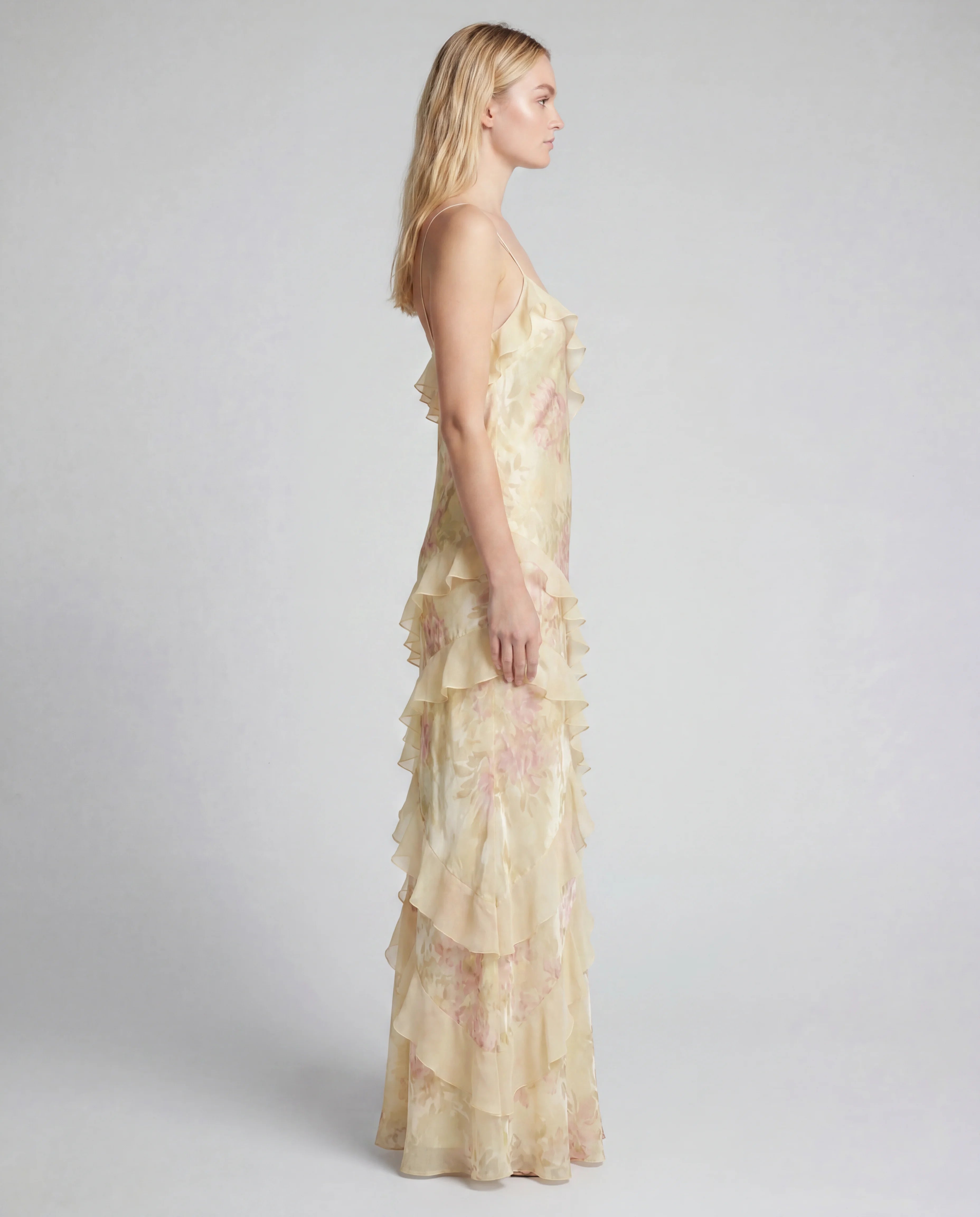 Floral chiffon tiered maxi slip dress - yellow side