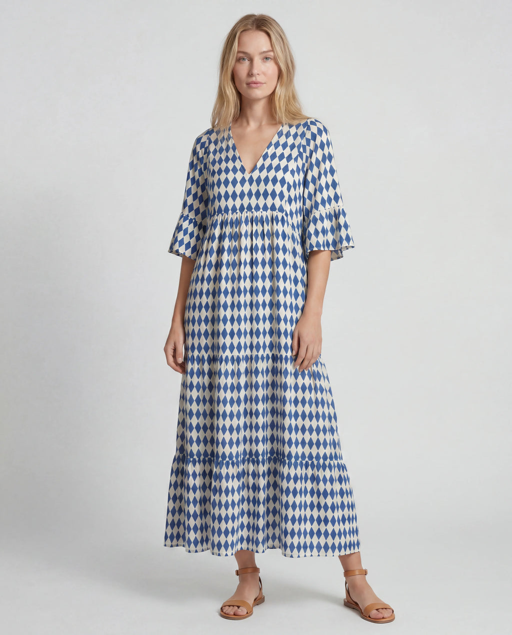 Blue geometric cotton linen halter flutter-sleeve summer midi dress