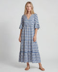 Blue geometric cotton linen halter flutter-sleeve summer midi dress