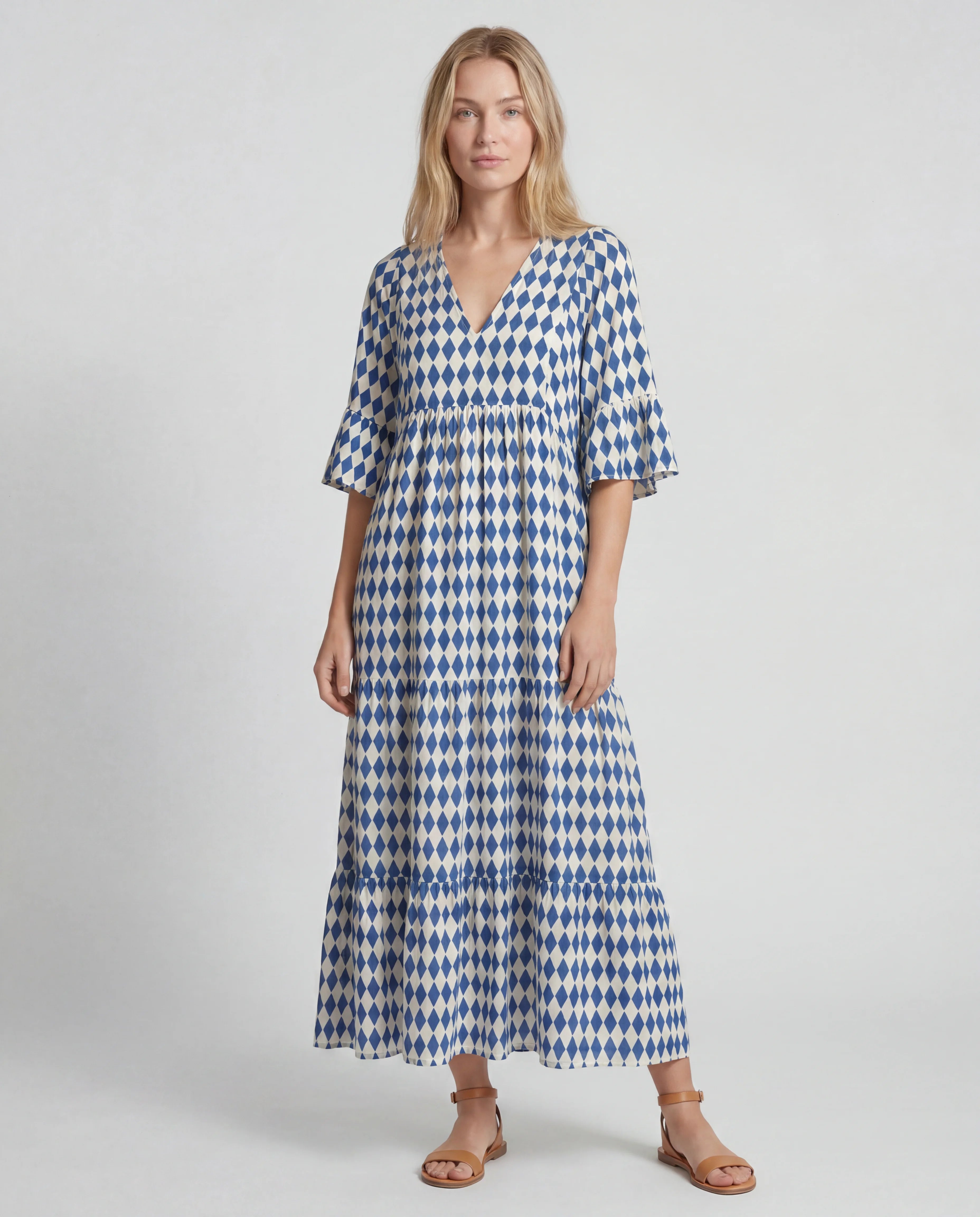 Blue geometric cotton linen halter flutter-sleeve summer midi dress