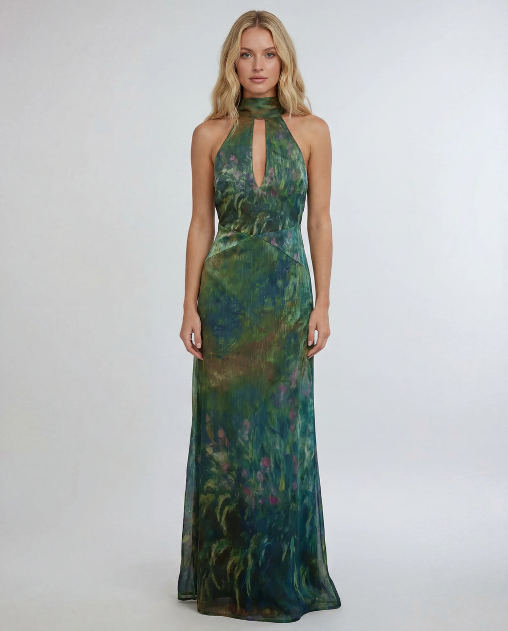 Emerald velvet halter keyhole evening maxi slip dress