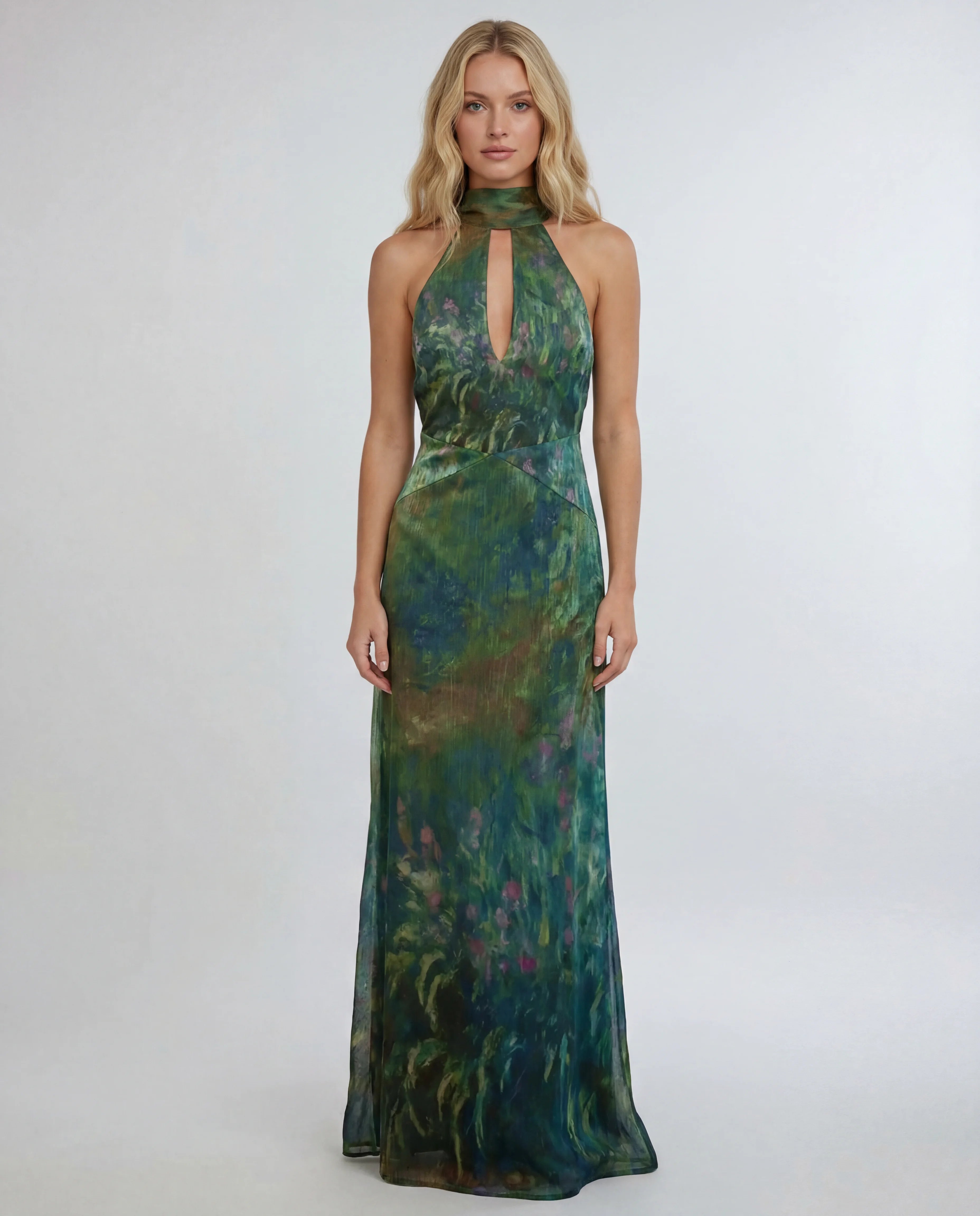 Emerald velvet halter keyhole evening maxi slip dress