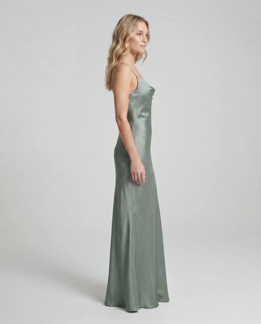 Green satin cowl-neck maxi slip dress - side