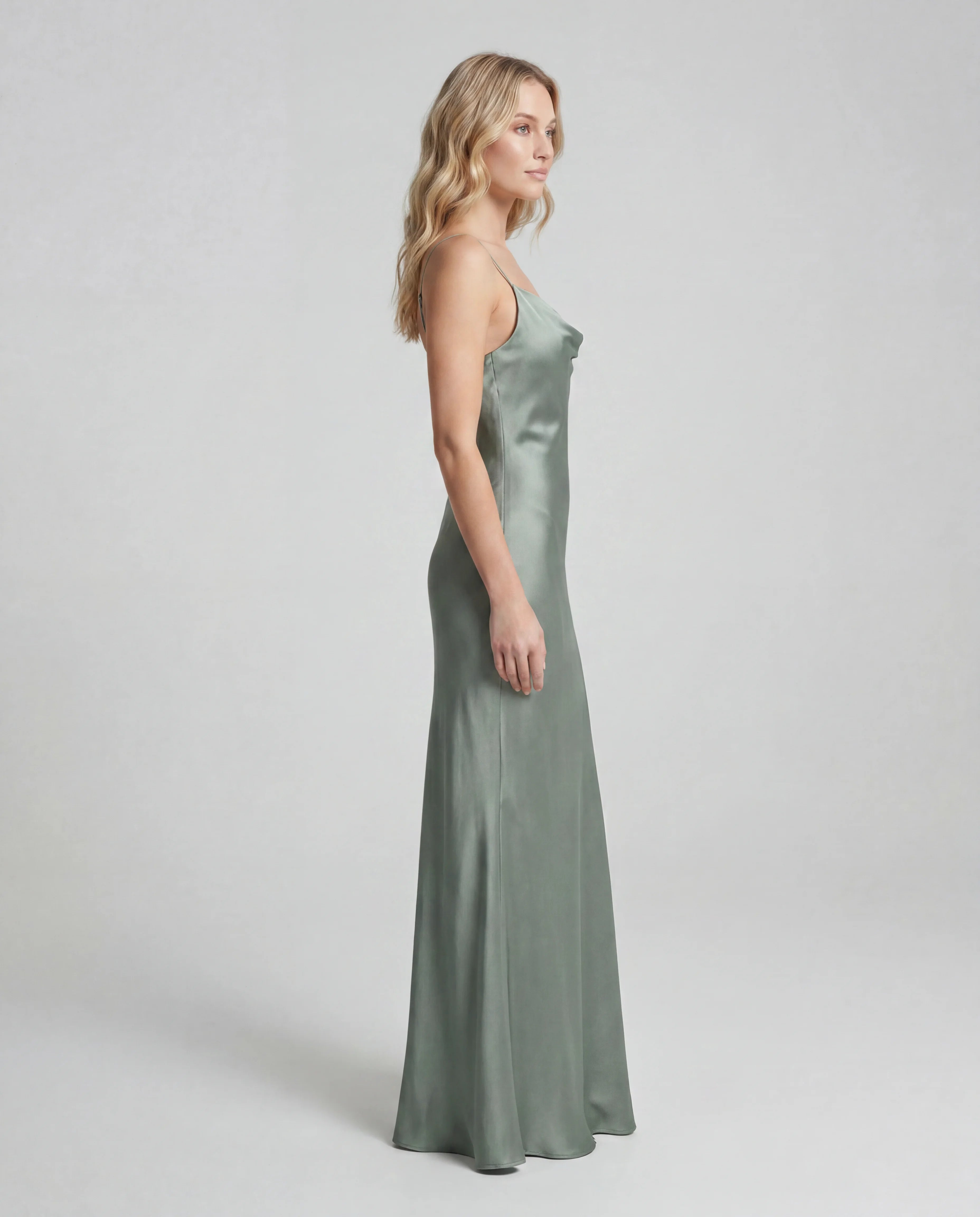 Green satin cowl-neck maxi slip dress - side