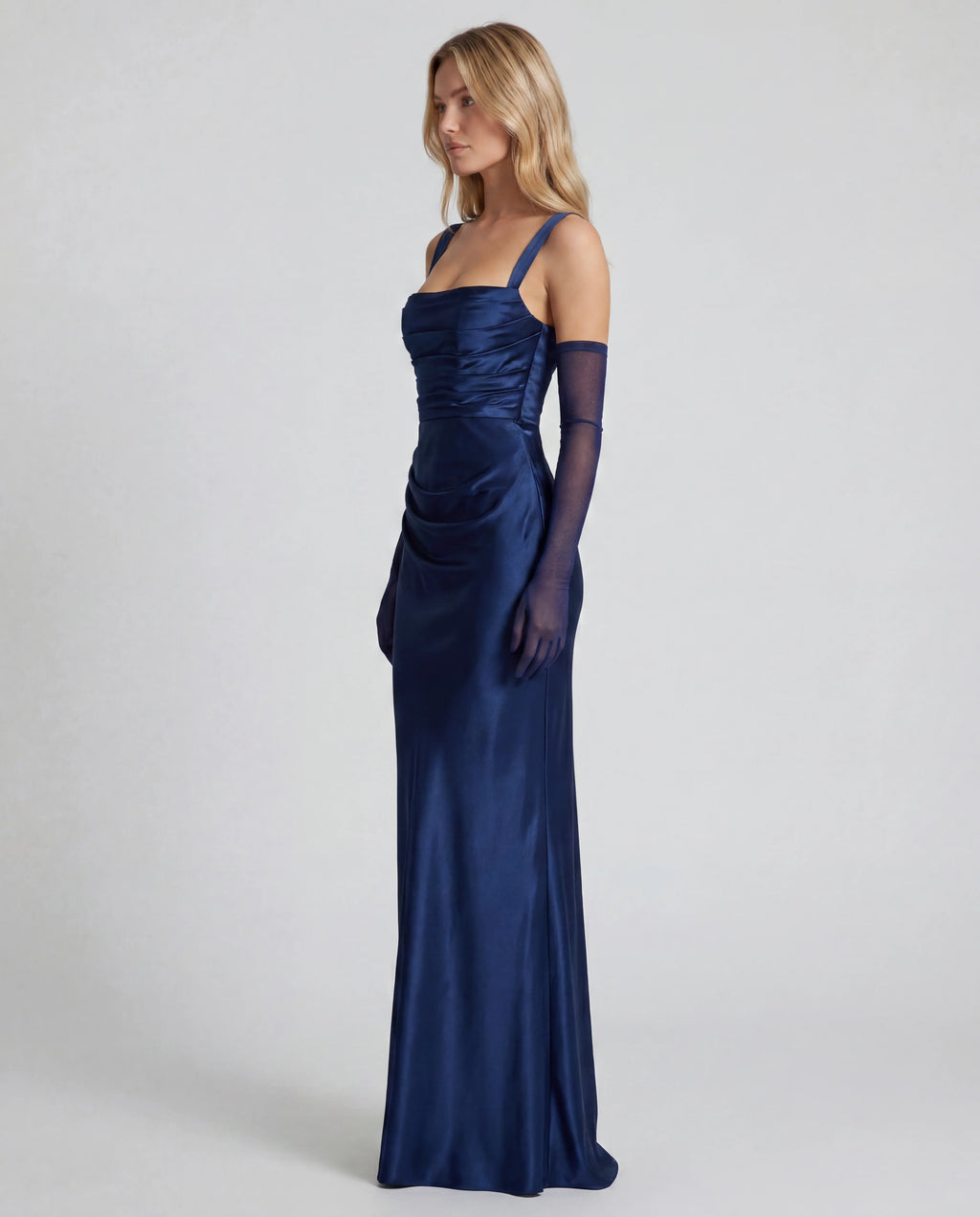 Chiffon strapless pleated ruffle maxi dress - navy blue side