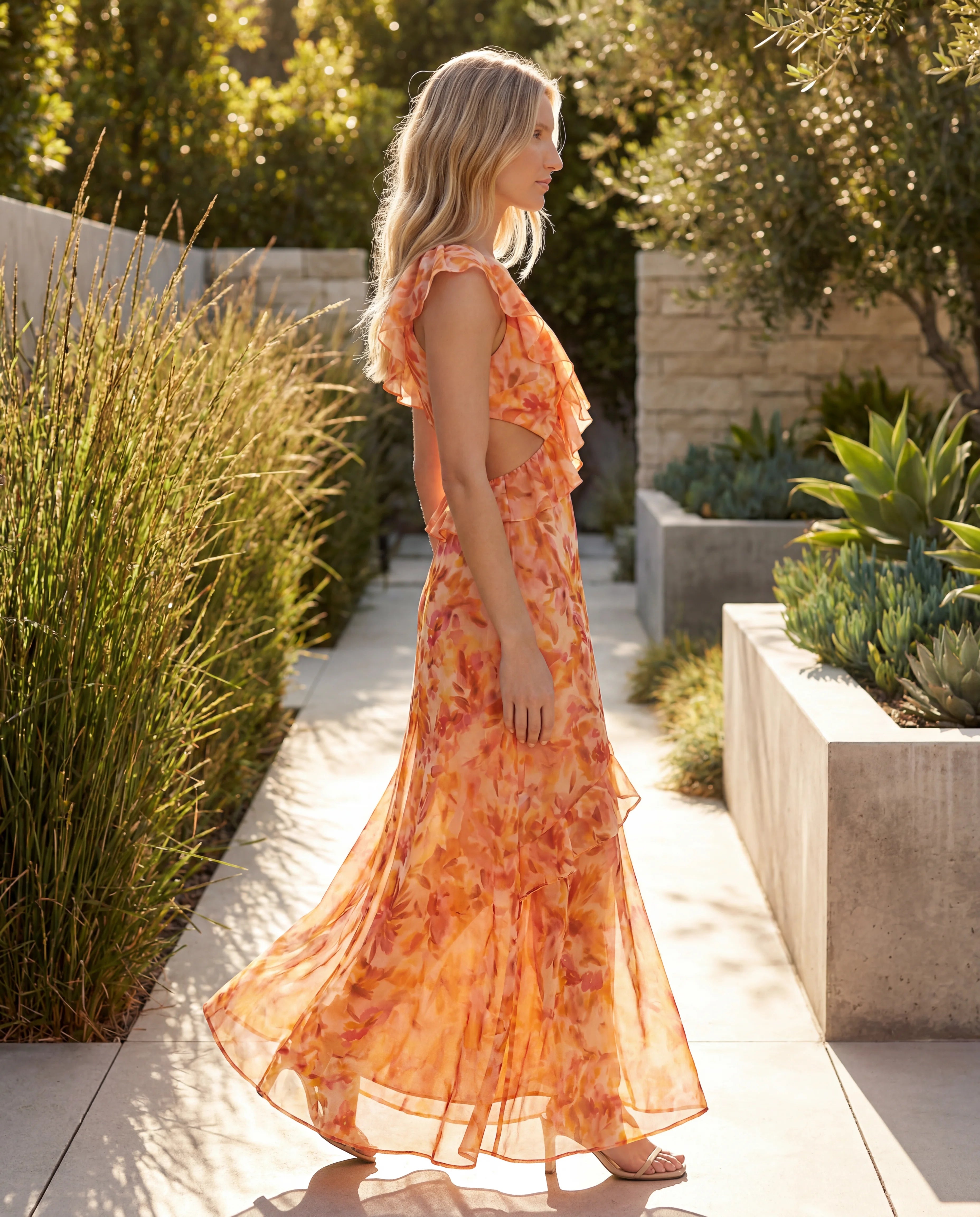 Coral chiffon v-neck ruffle-sleeve maxi dress - lifestyle