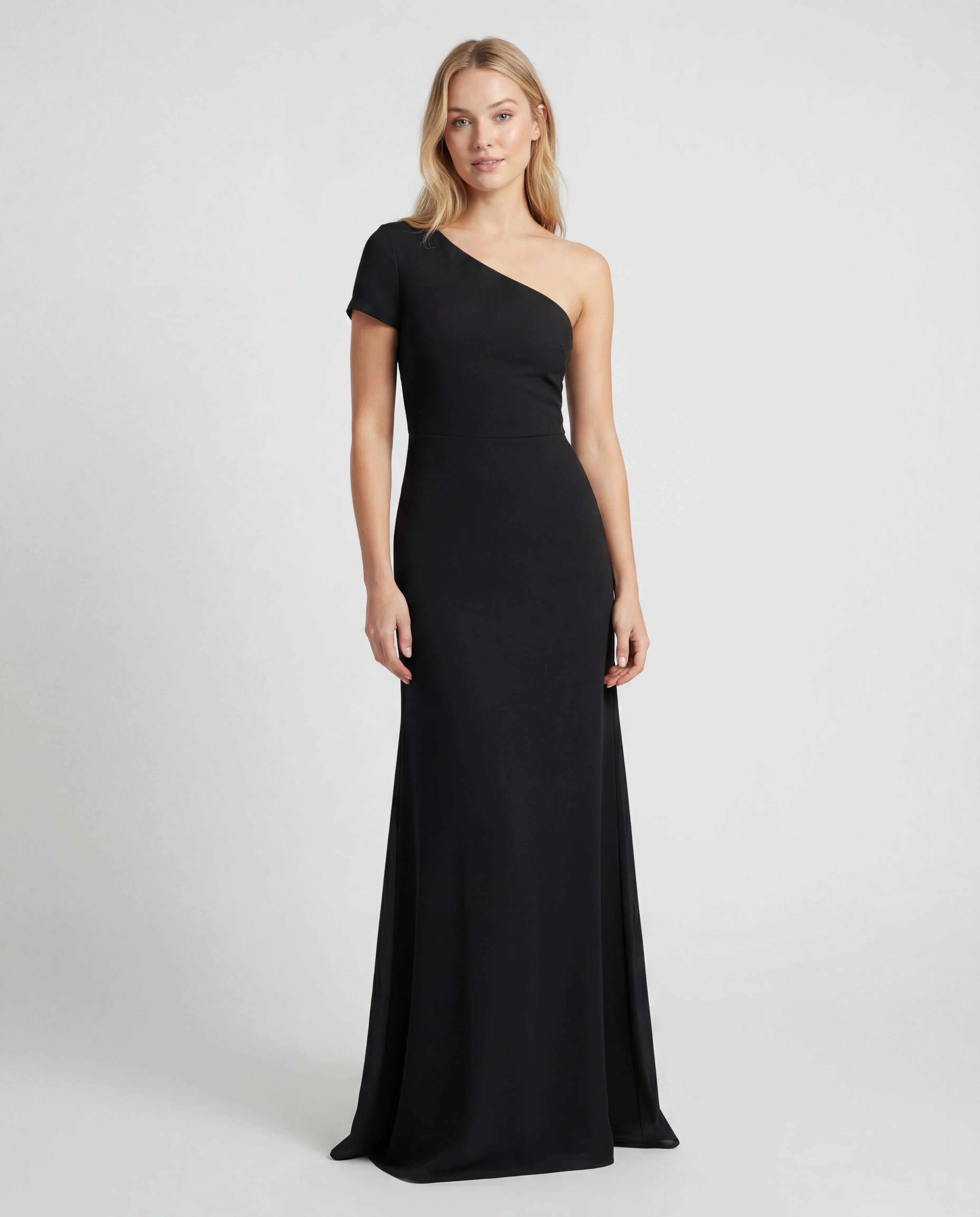 Black one-shoulder ruched maxi dress - front view