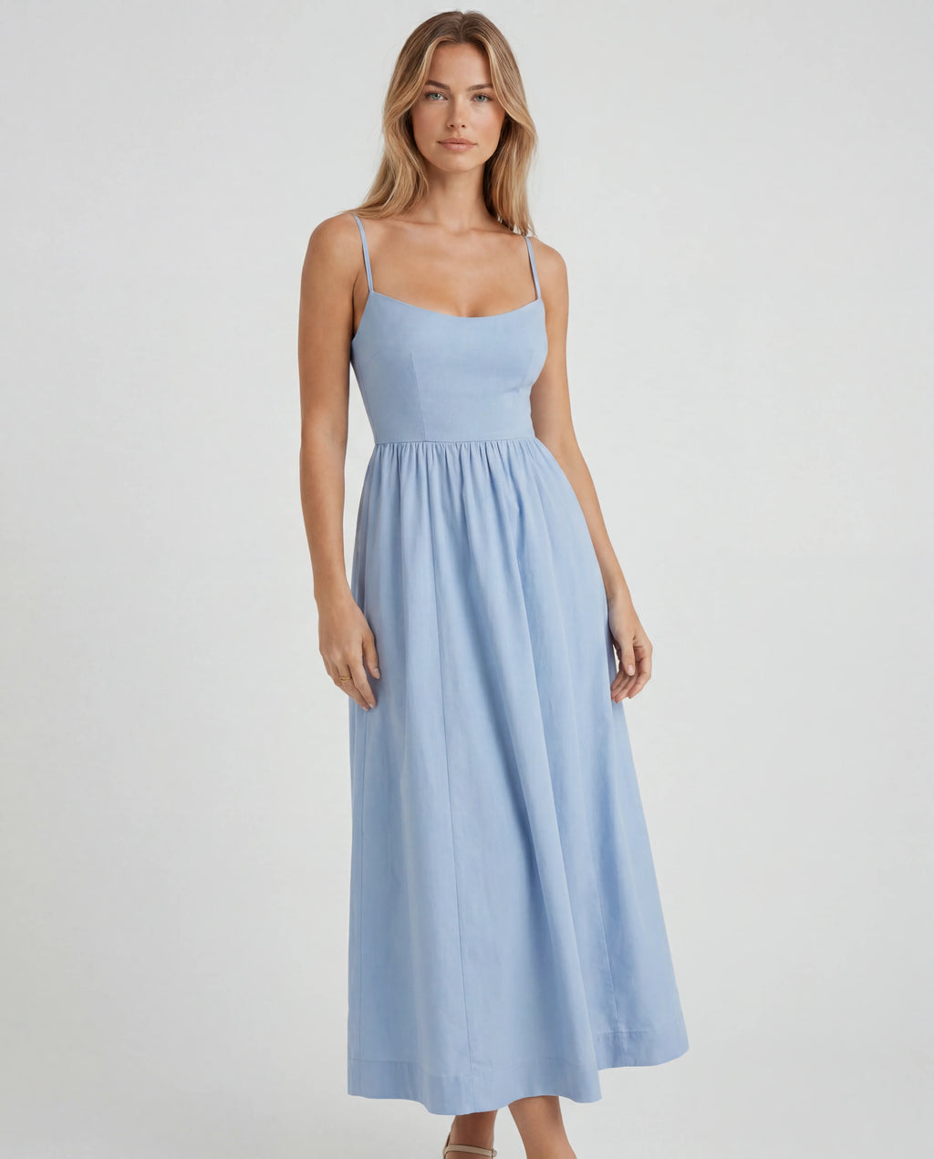 Light blue chiffon sweetheart fit-and-flare wedding guest maxi dress