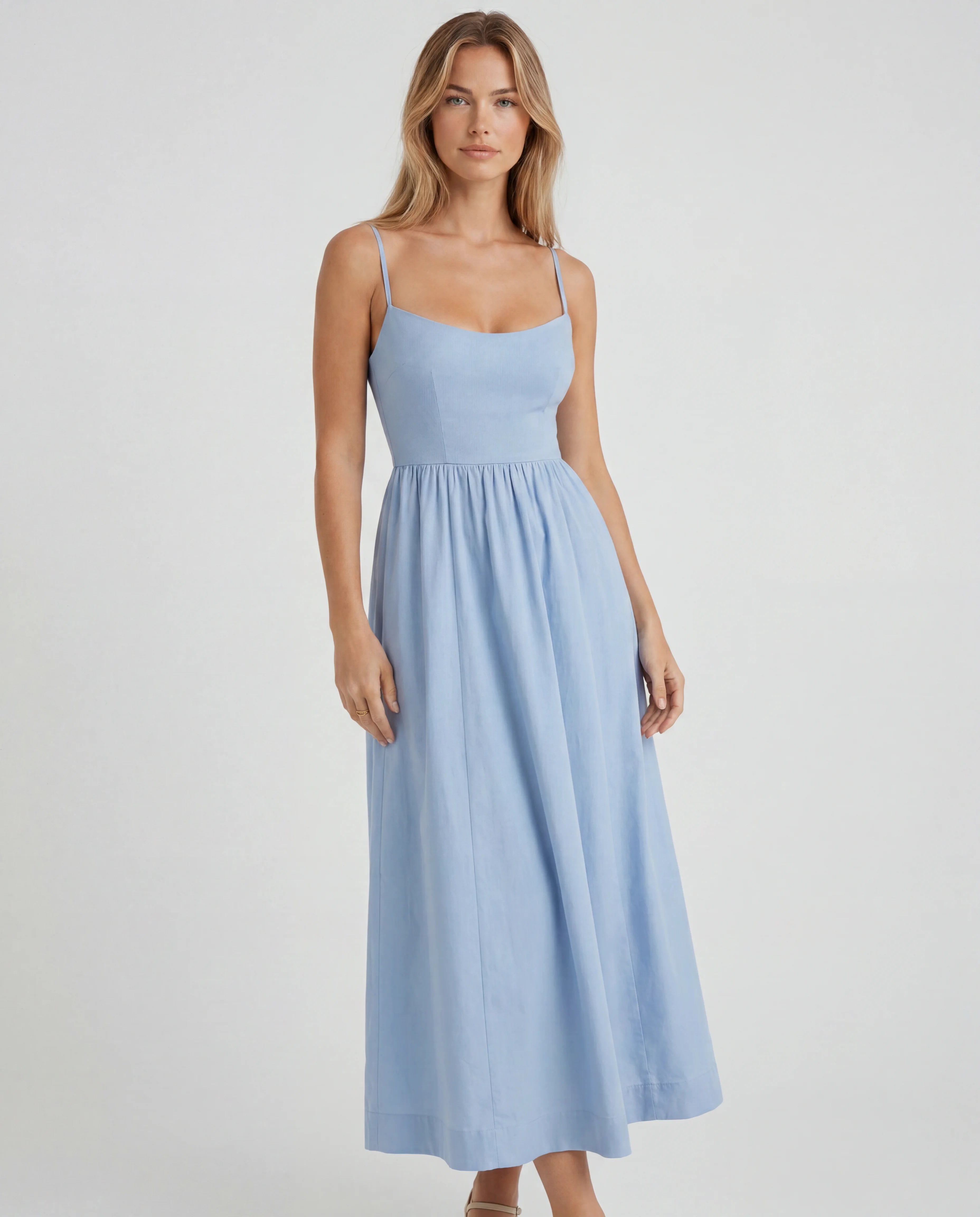 Light blue chiffon sweetheart fit-and-flare wedding guest maxi dress
