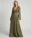Sage green crepe v-neck long-sleeve pleated bridesmaid midi dress
