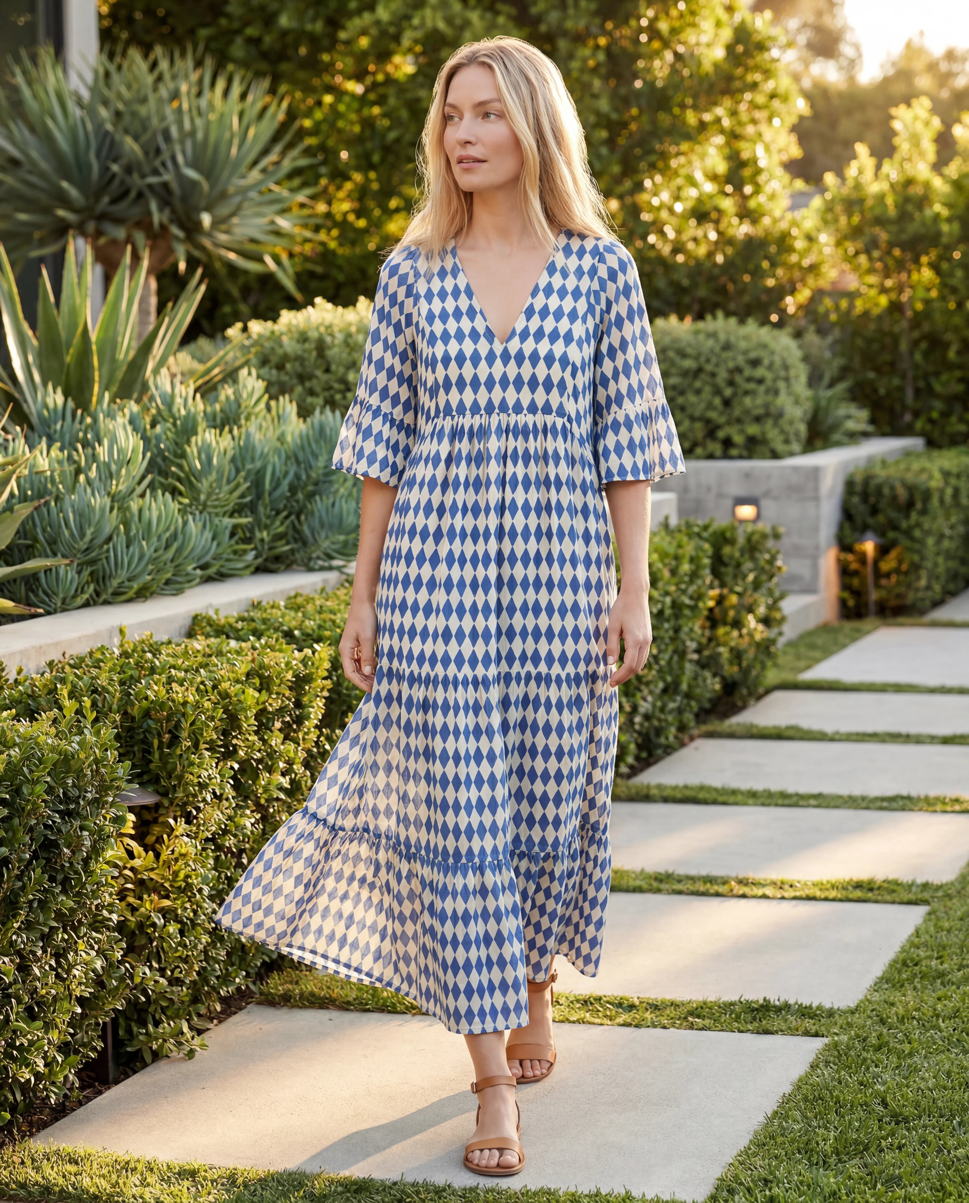 Cotton linen halter midi dress - blue lifestyle