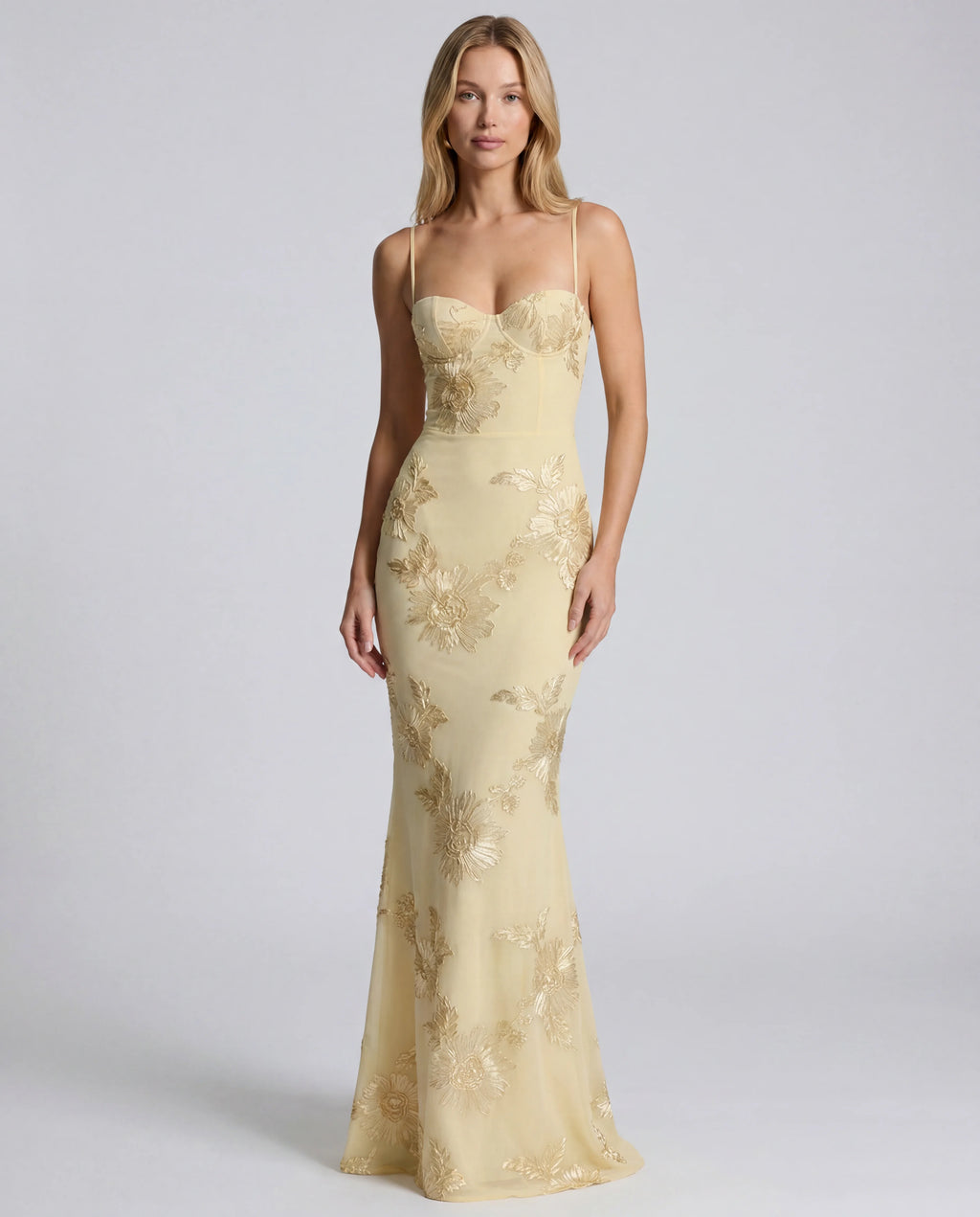 Gold embellished lace sweetheart wedding guest maxi slip dress