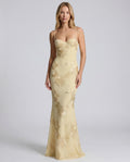 Gold embellished lace sweetheart wedding guest maxi slip dress