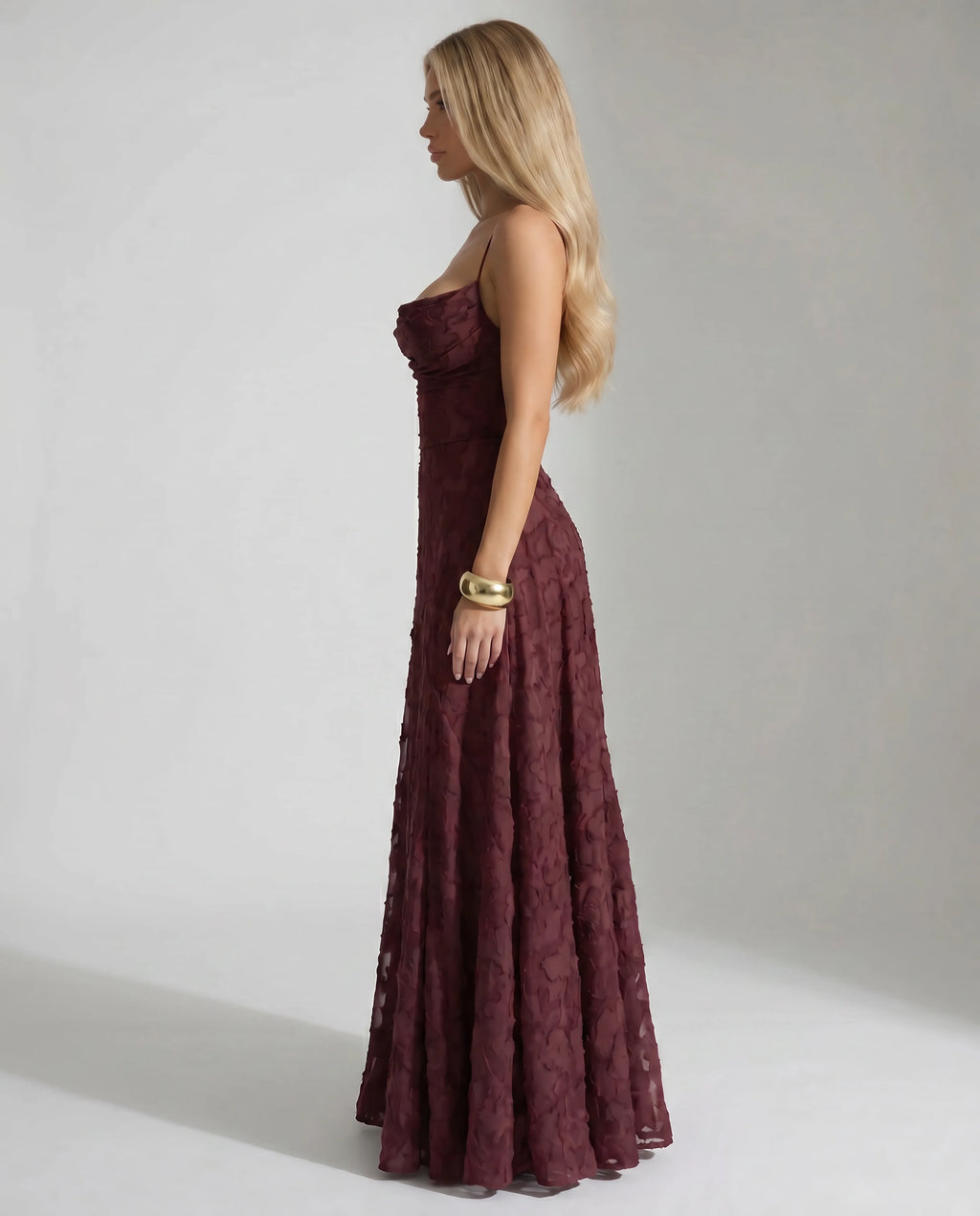 Spaghetti Strap Floral Textured A Line Maxi Dress