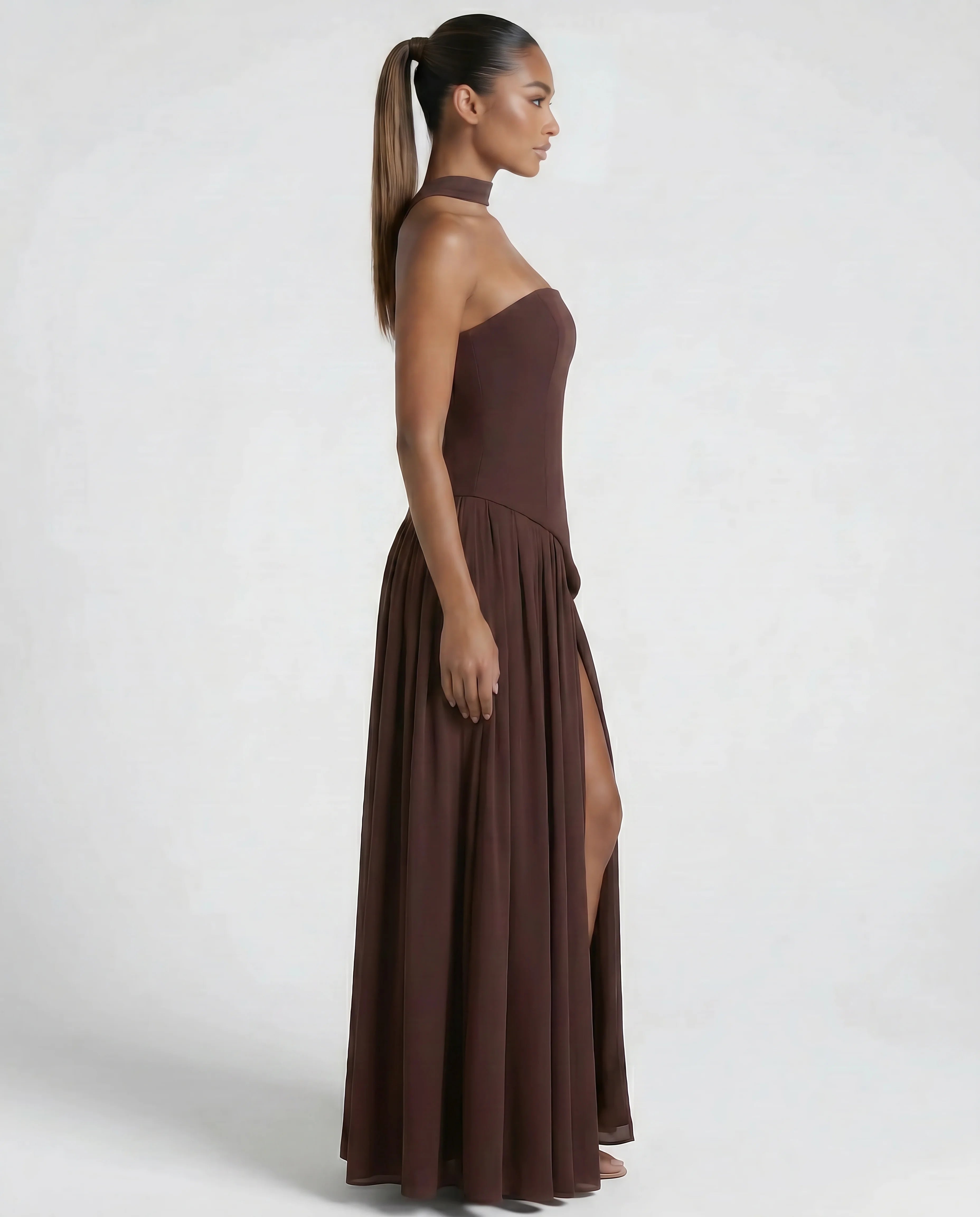 Strapless Side Split Maxi Dress with Scarf Detail